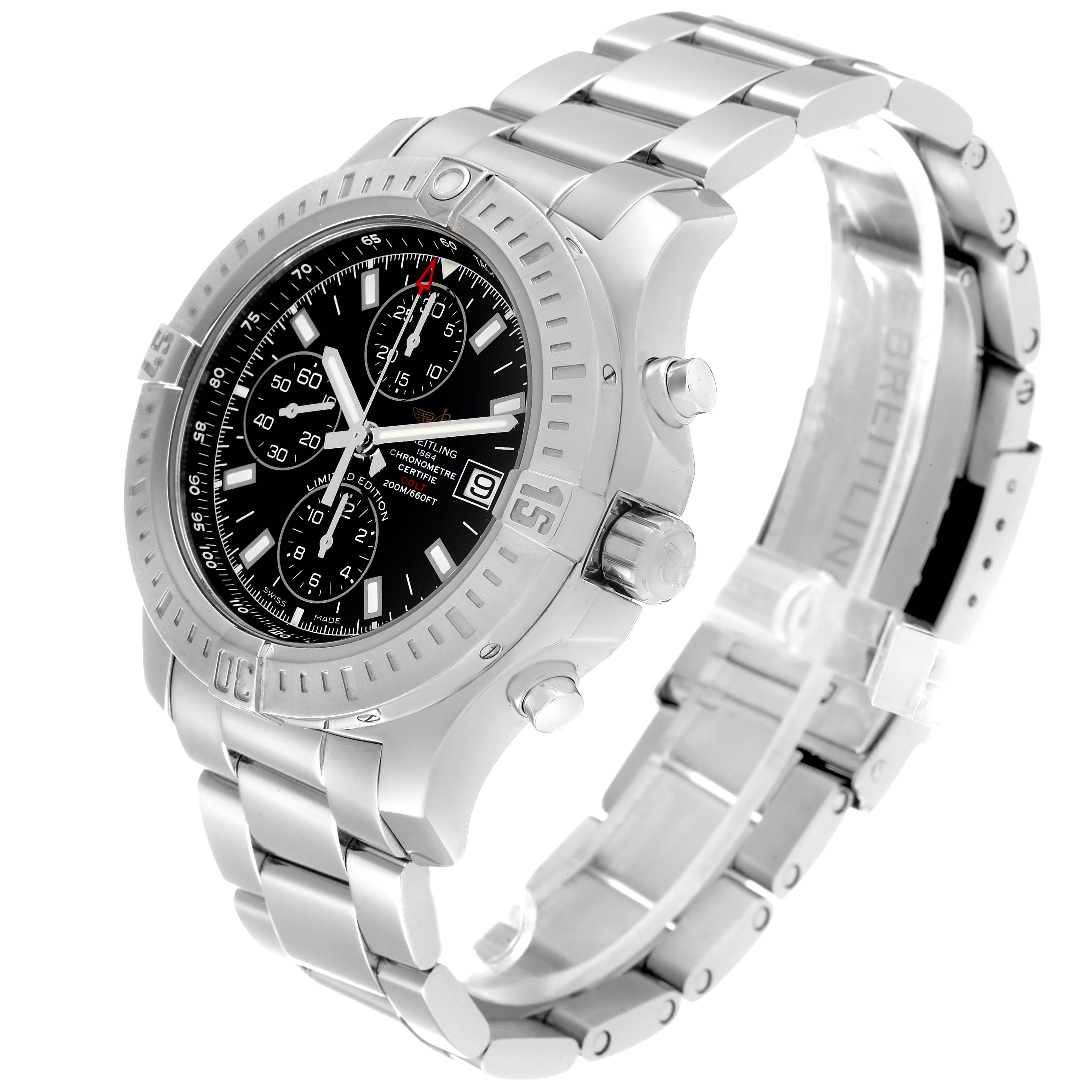 The image shows a Breitling Colt A133884Y/BE68 Men's Stainless Steel Black Dial A133884Y/BE68 Men's Stainless Steel Black Dial watch at a slight angle, highlighting the stainless steel case, bracelet, and black dial with chronograph functions.