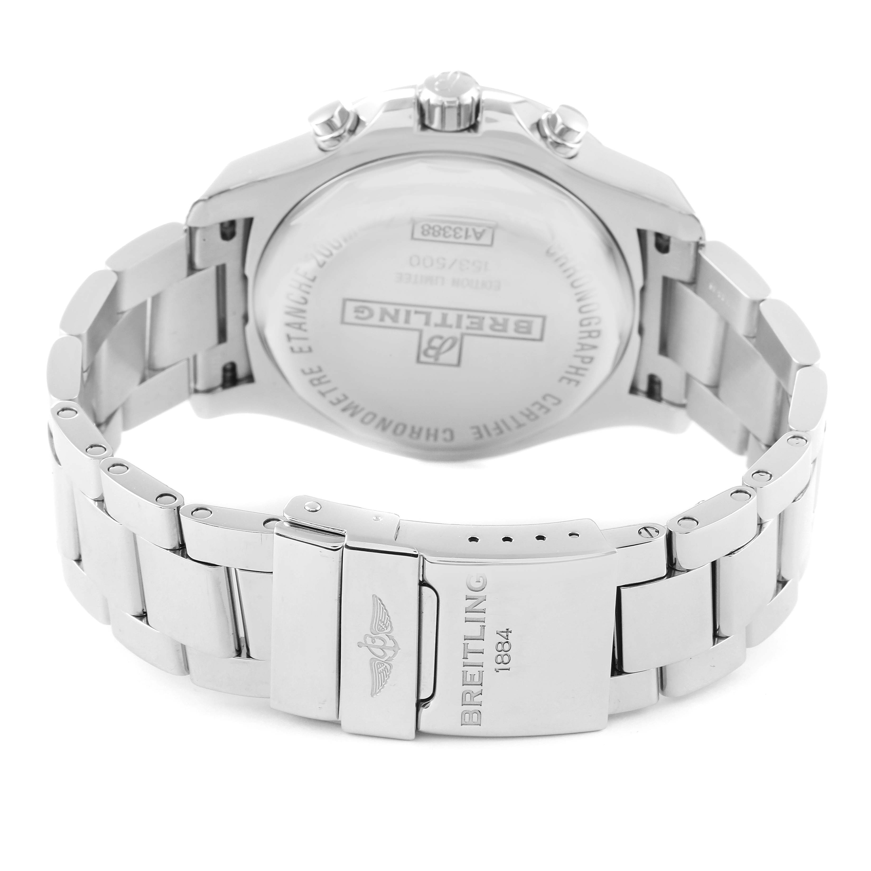 The image shows the back and clasp of the Breitling Colt A133884Y/BE68 Men's Stainless Steel Black Dial A133884Y/BE68 Men's Stainless Steel Black Dial watch, highlighting the metal bracelet and engraved details.