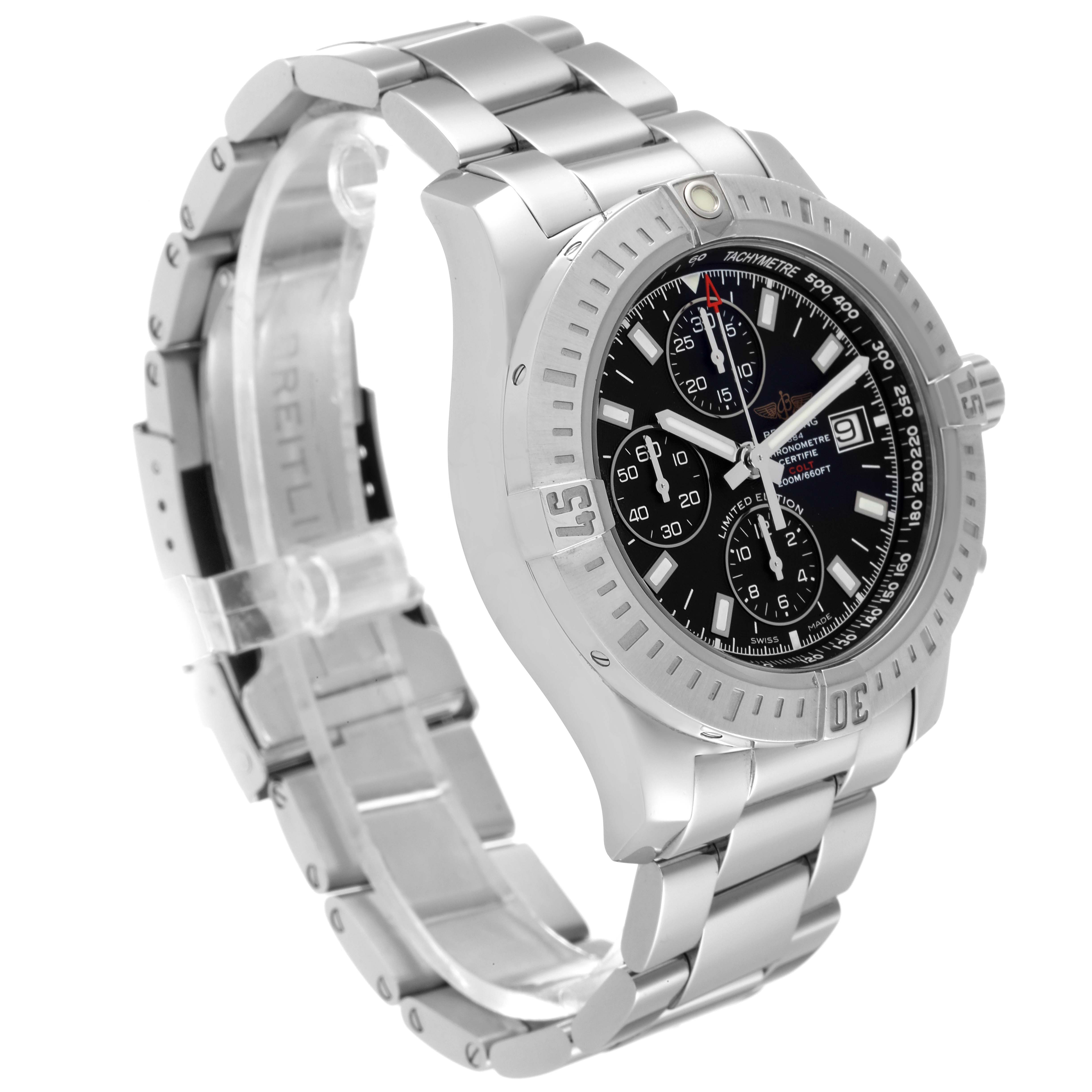 The image shows a Breitling Colt A133884Y/BE68 Men's Stainless Steel Black Dial A133884Y/BE68 Men's Stainless Steel Black Dial watch at a three-quarter angle, highlighting the dial, bezel, and bracelet.