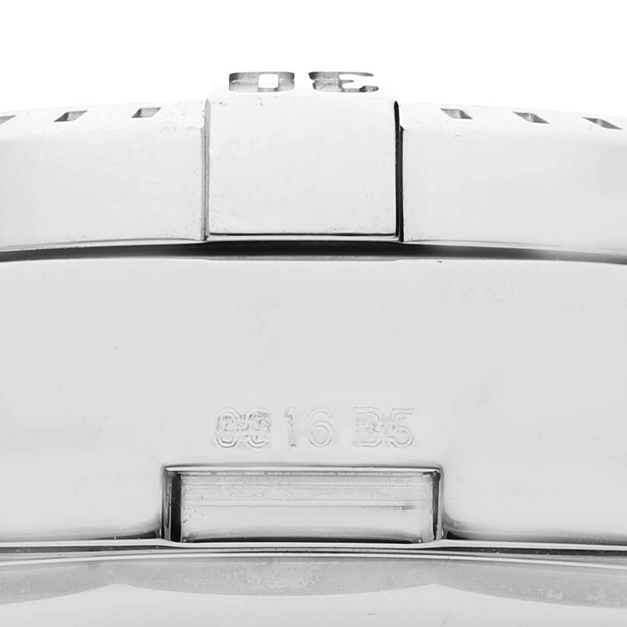 This image shows a close-up of the Breitling Colt A133884Y/BE68 Men's Stainless Steel Black Dial A133884Y/BE68 Men's Stainless Steel Black Dial watch case and bezel from a side angle.