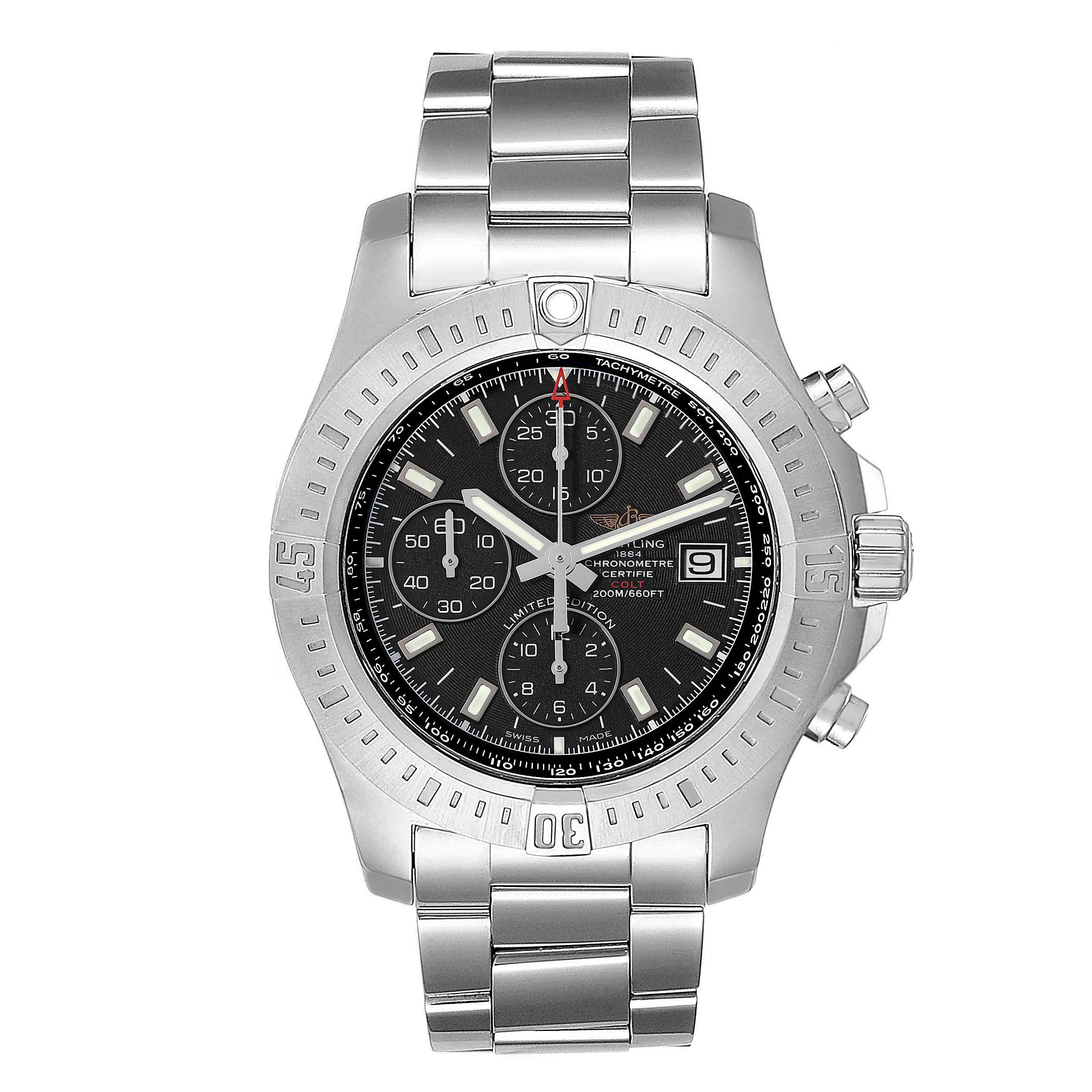 This image shows the front view of a Breitling Colt A133884Y/BE68 Men's Stainless Steel Black Dial A133884Y/BE68 Men's Stainless Steel Black Dial watch, highlighting its stainless steel bracelet, bezel, and chronograph dial.
