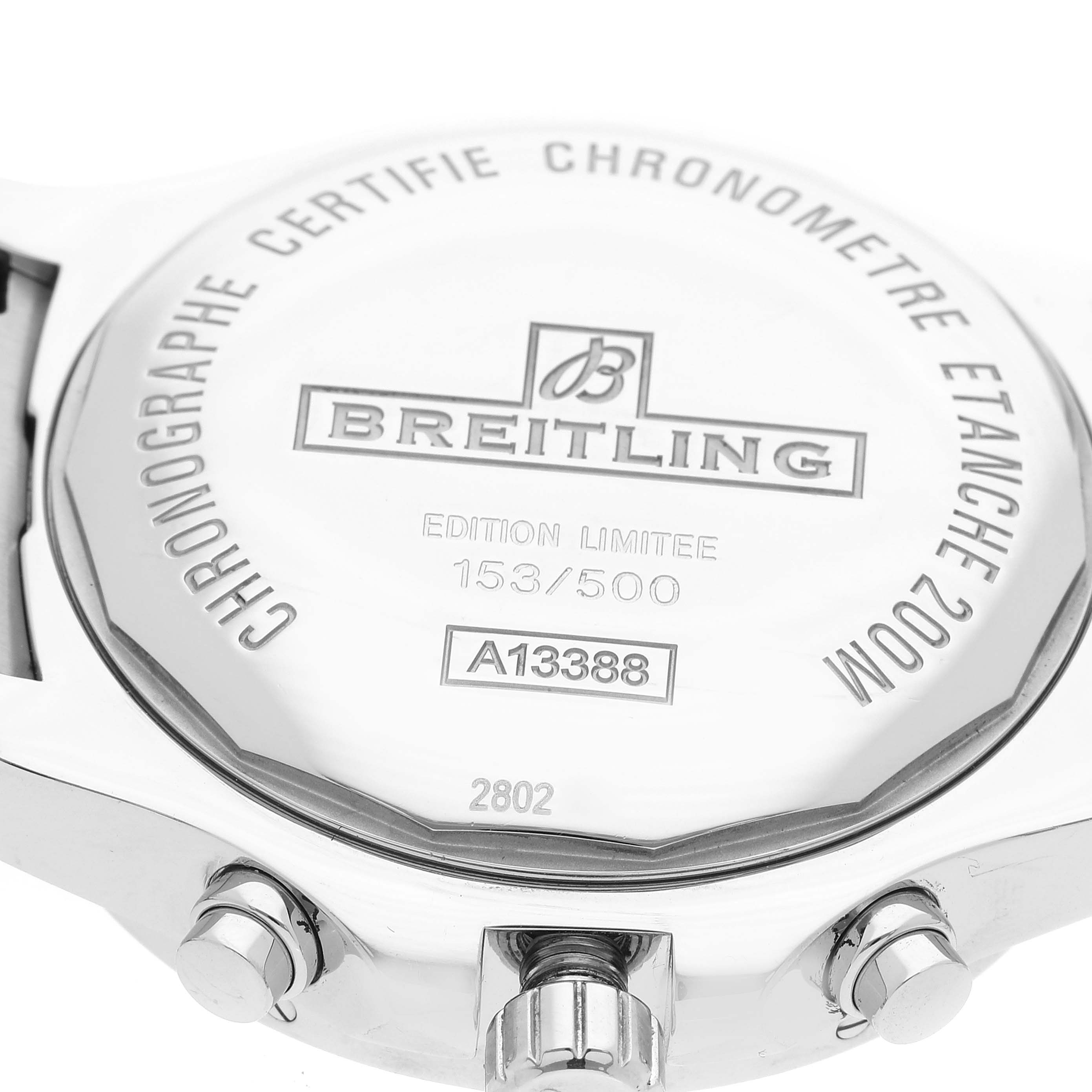 The image shows the back case of a Breitling Colt A133884Y/BE68 Men's Stainless Steel Black Dial A133884Y/BE68 Men's Stainless Steel Black Dial watch, highlighting the brand logo, model details, and limited edition number.