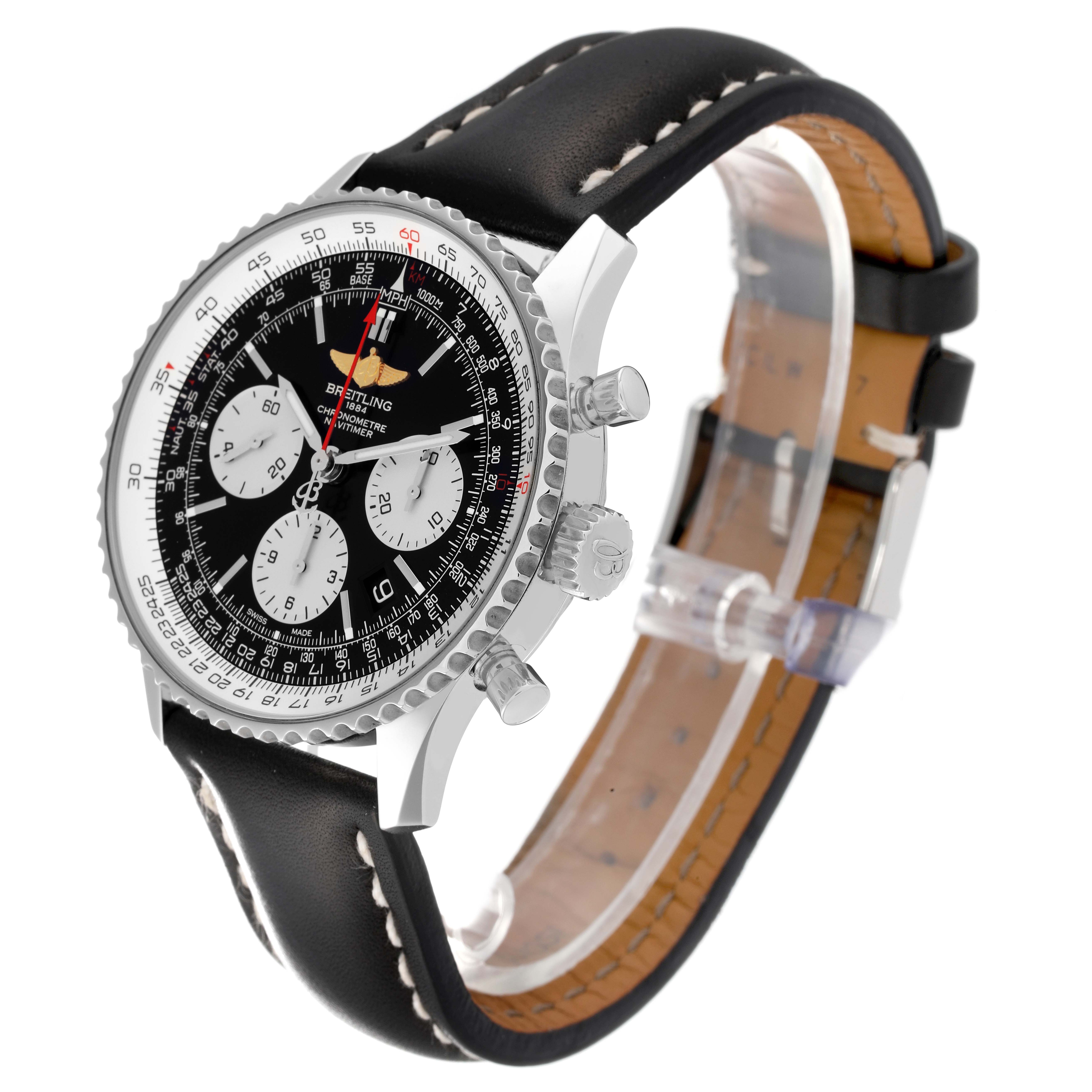 This image shows a side and front angle of the Breitling Navitimer AB0120 Men
s Stainless Steel Black Dial AB0120 Men
s Stainless Steel Black Dial watch, highlighting the dial, bezel, crown, and leather strap.