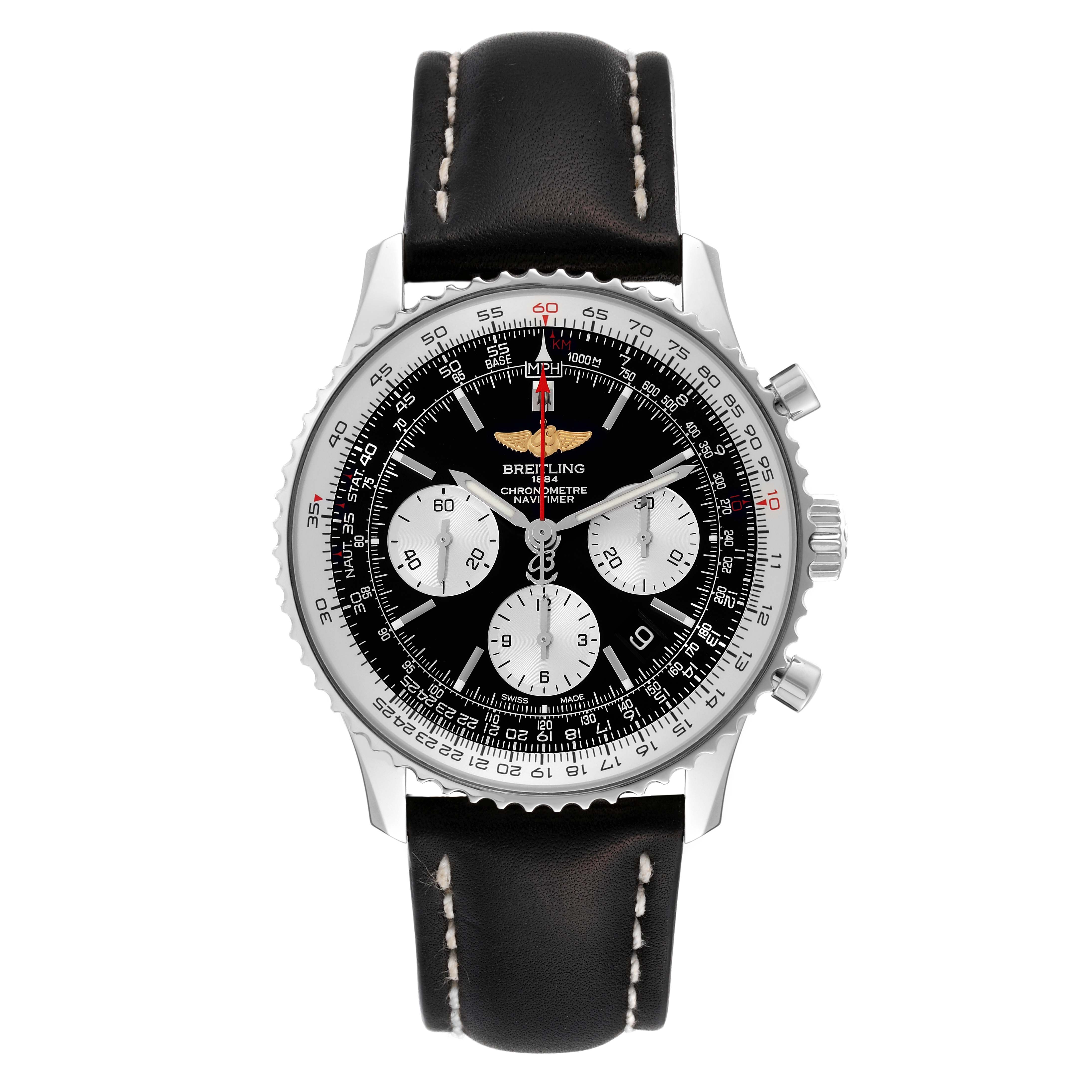 The Breitling Navitimer AB0120 Men
s Stainless Steel Black Dial AB0120 Men
s Stainless Steel Black Dial watch is shown from a front angle, highlighting the face, bezel, and black leather strap.