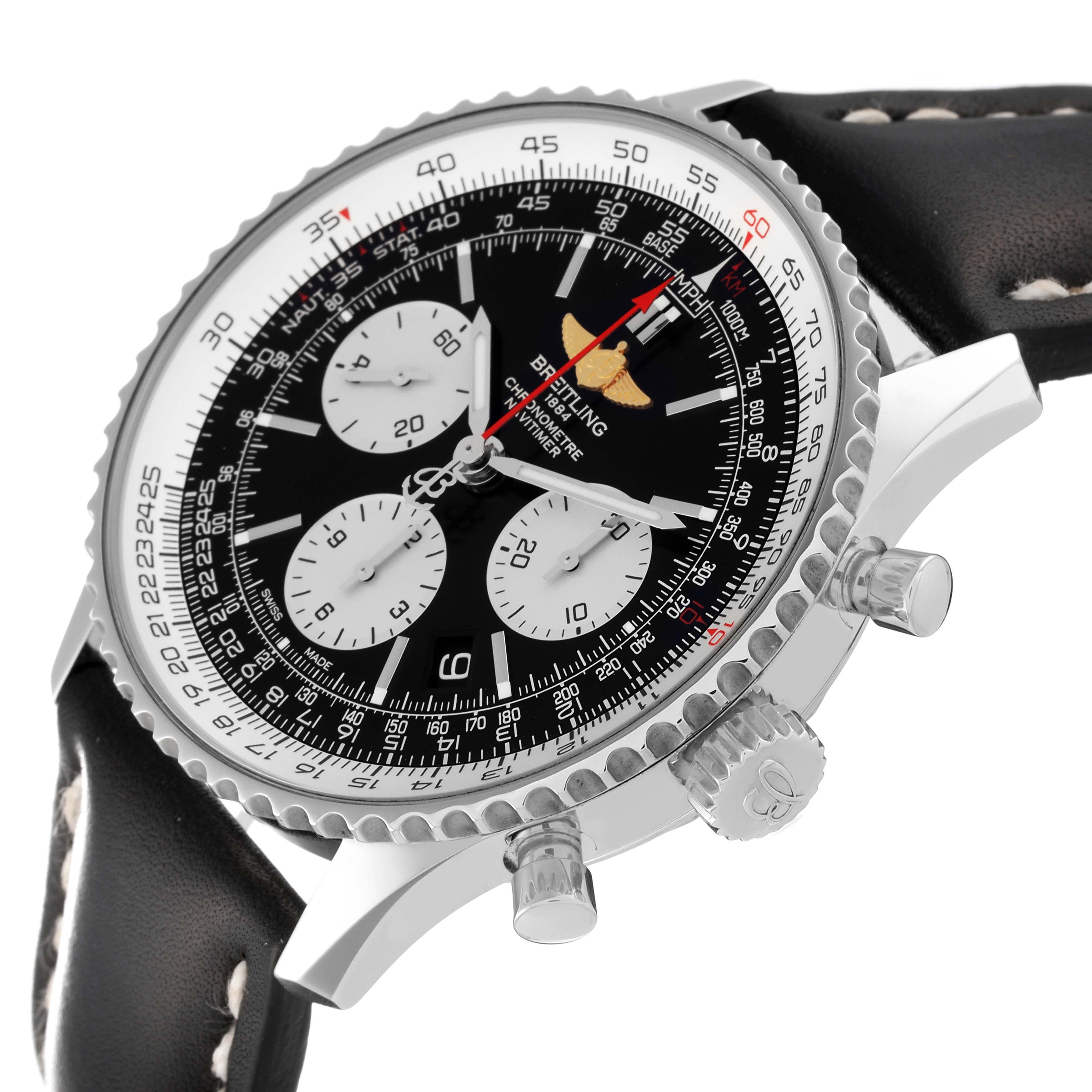 The image shows a close-up angled view of the face, chronograph dials, bezel, and side pushers of a Breitling Navitimer AB0120 Men
s Stainless Steel Black Dial AB0120 Men
s Stainless Steel Black Dial watch.