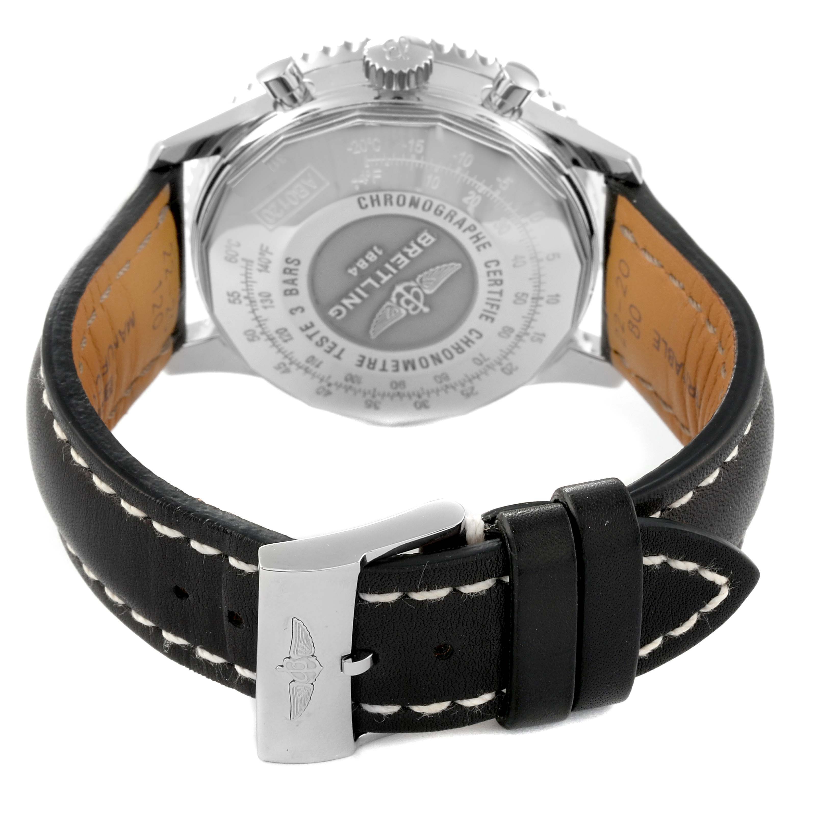 The image shows the back of the Breitling Navitimer AB0120 Men
s Stainless Steel Black Dial AB0120 Men
s Stainless Steel Black Dial watch and its black leather strap with a silver buckle.
