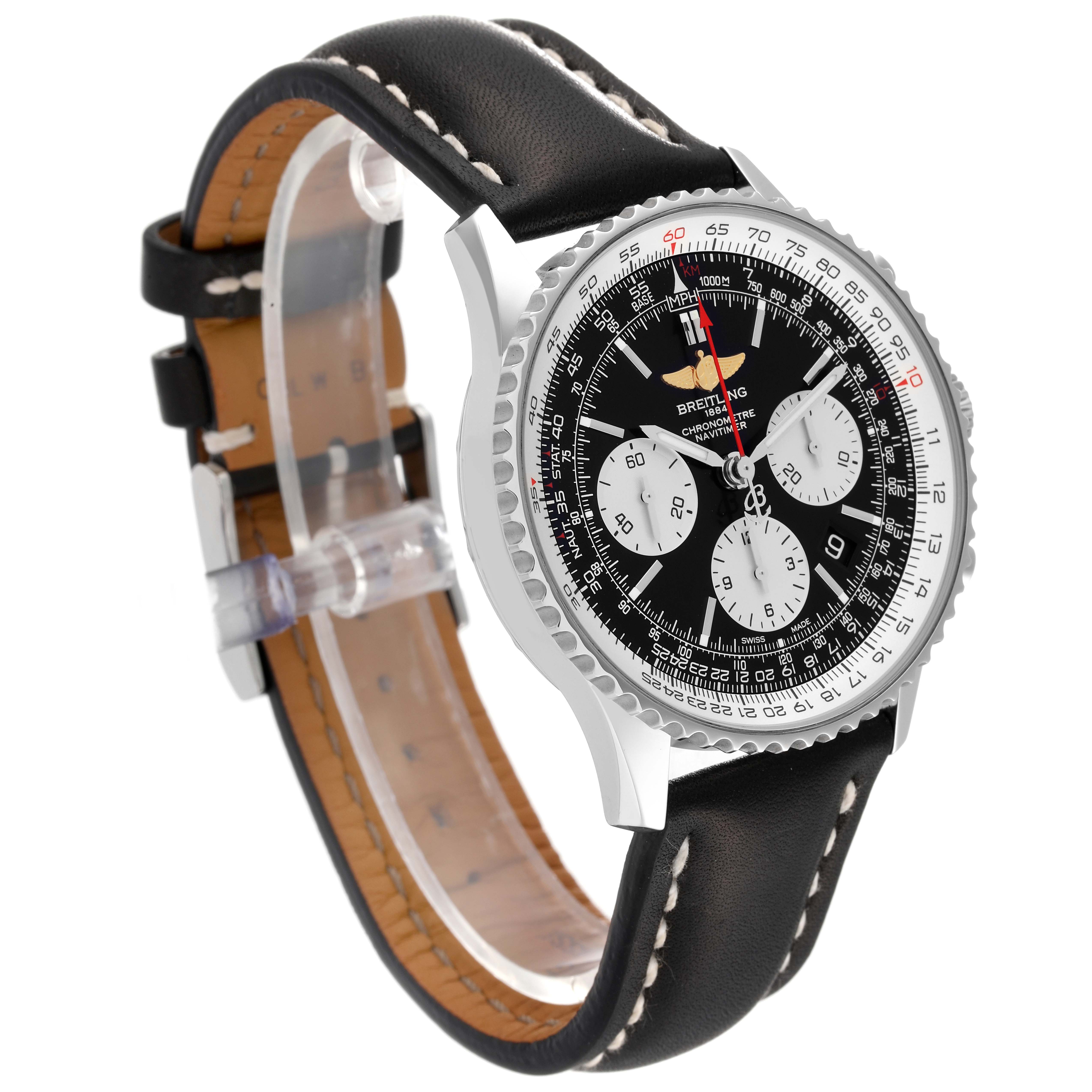 The image shows a Breitling Navitimer AB0120 Men
s Stainless Steel Black Dial AB0120 Men
s Stainless Steel Black Dial watch at a three-quarter angle, highlighting its black dial, chronograph subdials, and black leather strap.