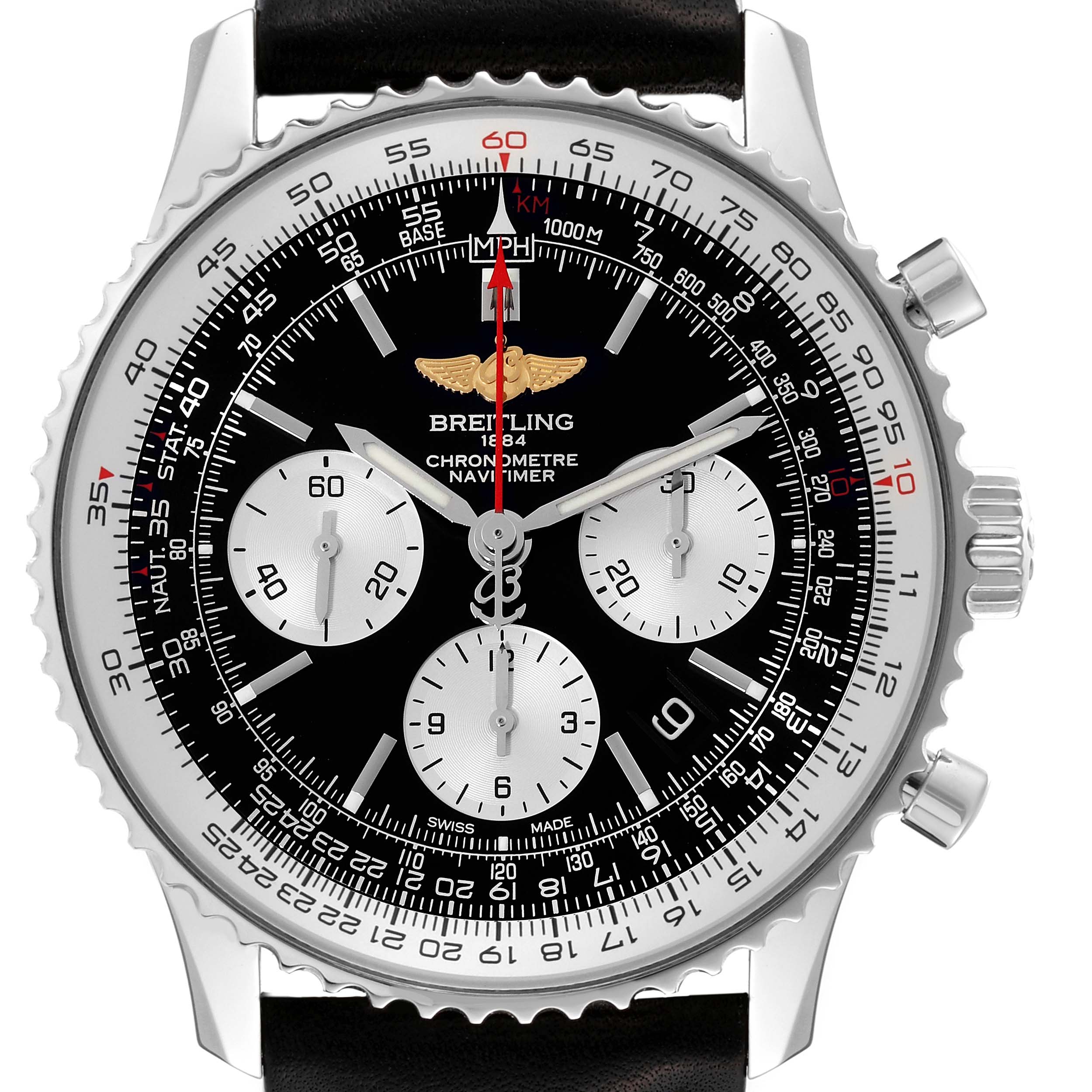 The image shows a front view of a Breitling Navitimer AB0120 Men
s Stainless Steel Black Dial AB0120 Men
s Stainless Steel Black Dial watch, highlighting its black dial, subdials, and stainless steel case.