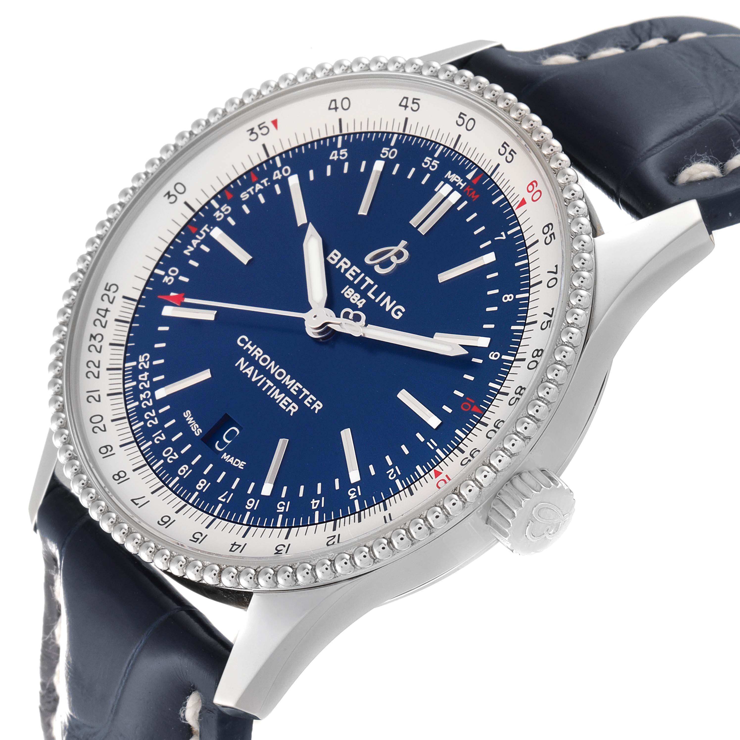 This image shows a close-up angle of the Breitling Navitimer A17326 Men
s Stainless Steel Blue Dial A17326 Men
s Stainless Steel Blue Dial watch, highlighting the dial, bezel, case, and part of the leather strap.