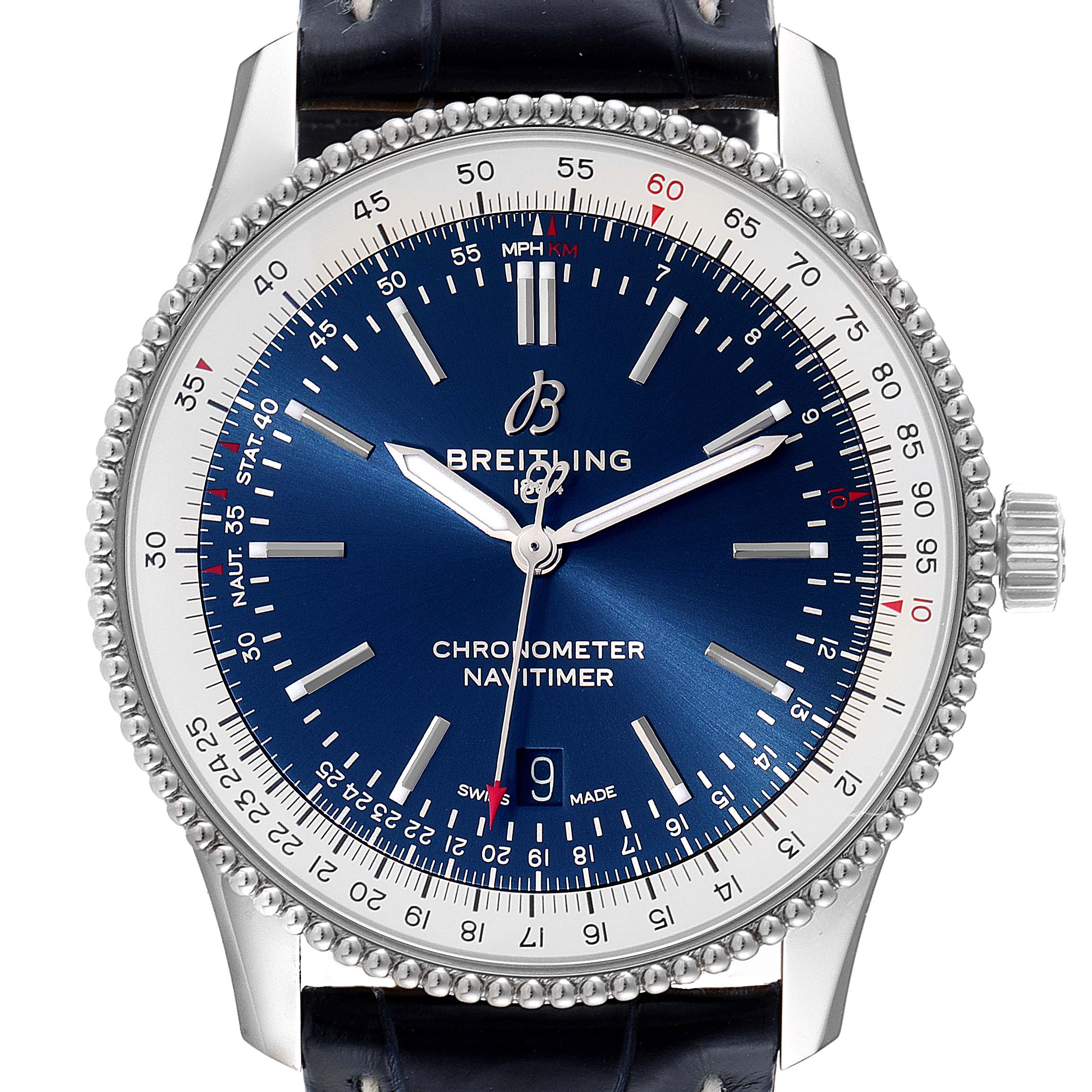 The image shows a front view of the Breitling Navitimer A17326 Men
s Stainless Steel Blue Dial A17326 Men
s Stainless Steel Blue Dial watch, displaying its dial, bezel, and crown.