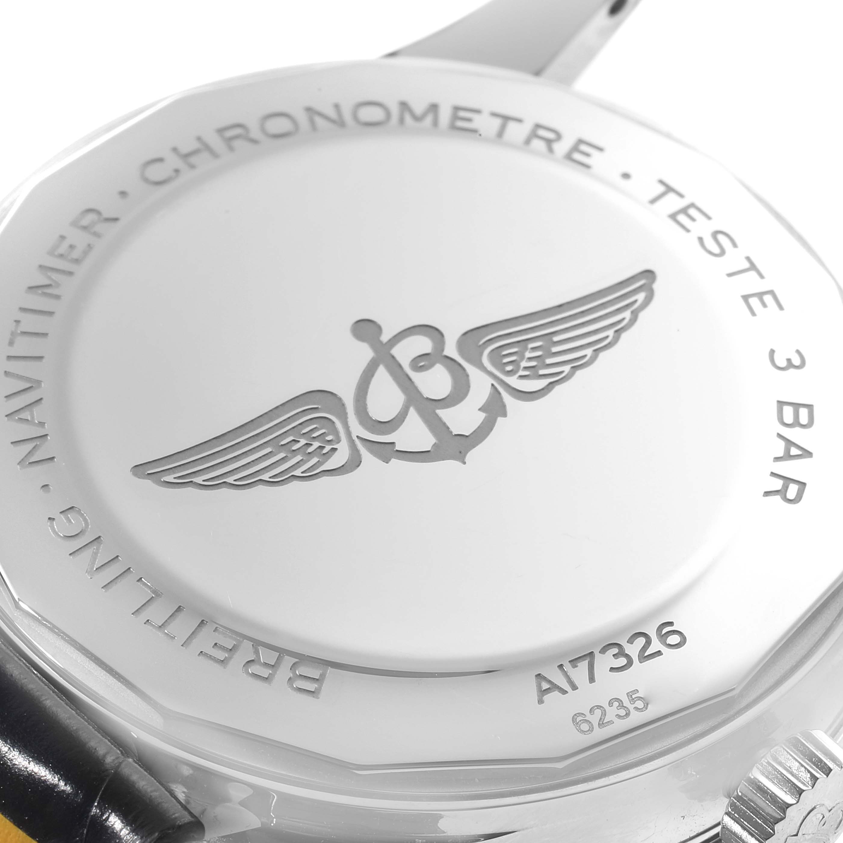 This image shows the back of a Breitling Navitimer A17326 Men
s Stainless Steel Blue Dial A17326 Men
s Stainless Steel Blue Dial watch, featuring the logo, model number, and water resistance details.