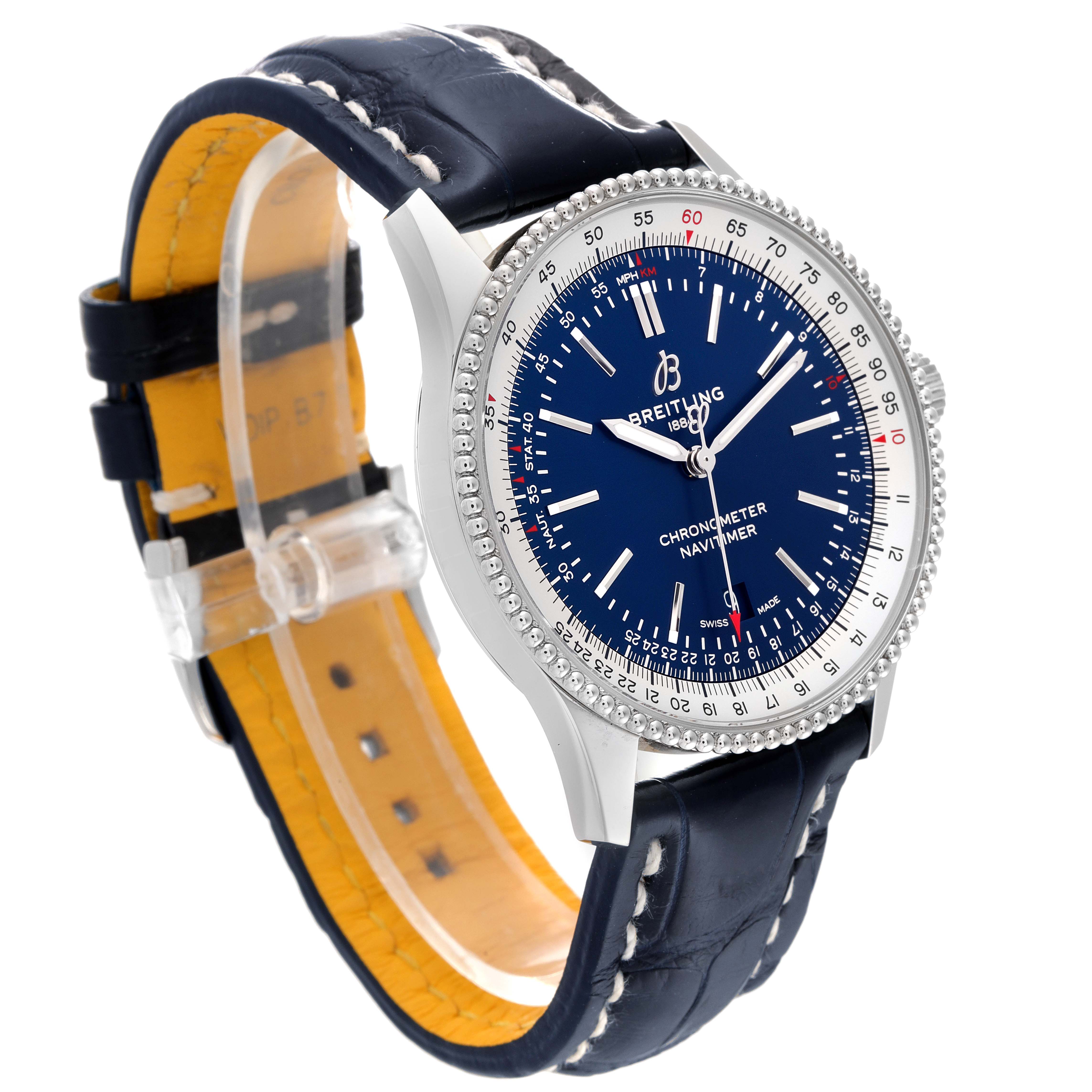 The image shows a Breitling Navitimer A17326 Men
s Stainless Steel Blue Dial A17326 Men
s Stainless Steel Blue Dial watch angled from the front-left, with a blue dial and a leather strap.