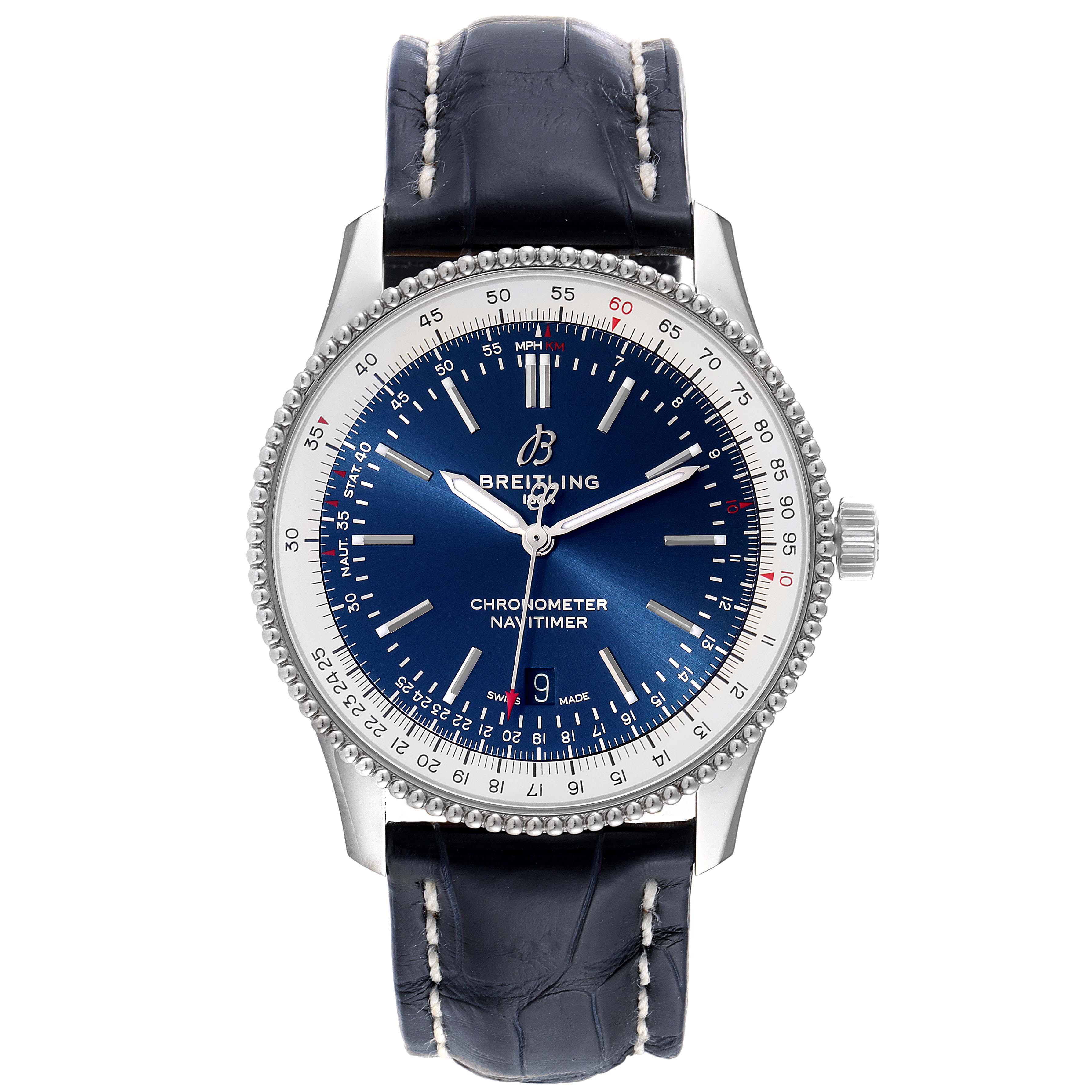 The image shows a frontal view of the Breitling Navitimer A17326 Men
s Stainless Steel Blue Dial A17326 Men
s Stainless Steel Blue Dial watch with its face, bezel, and leather strap visible.