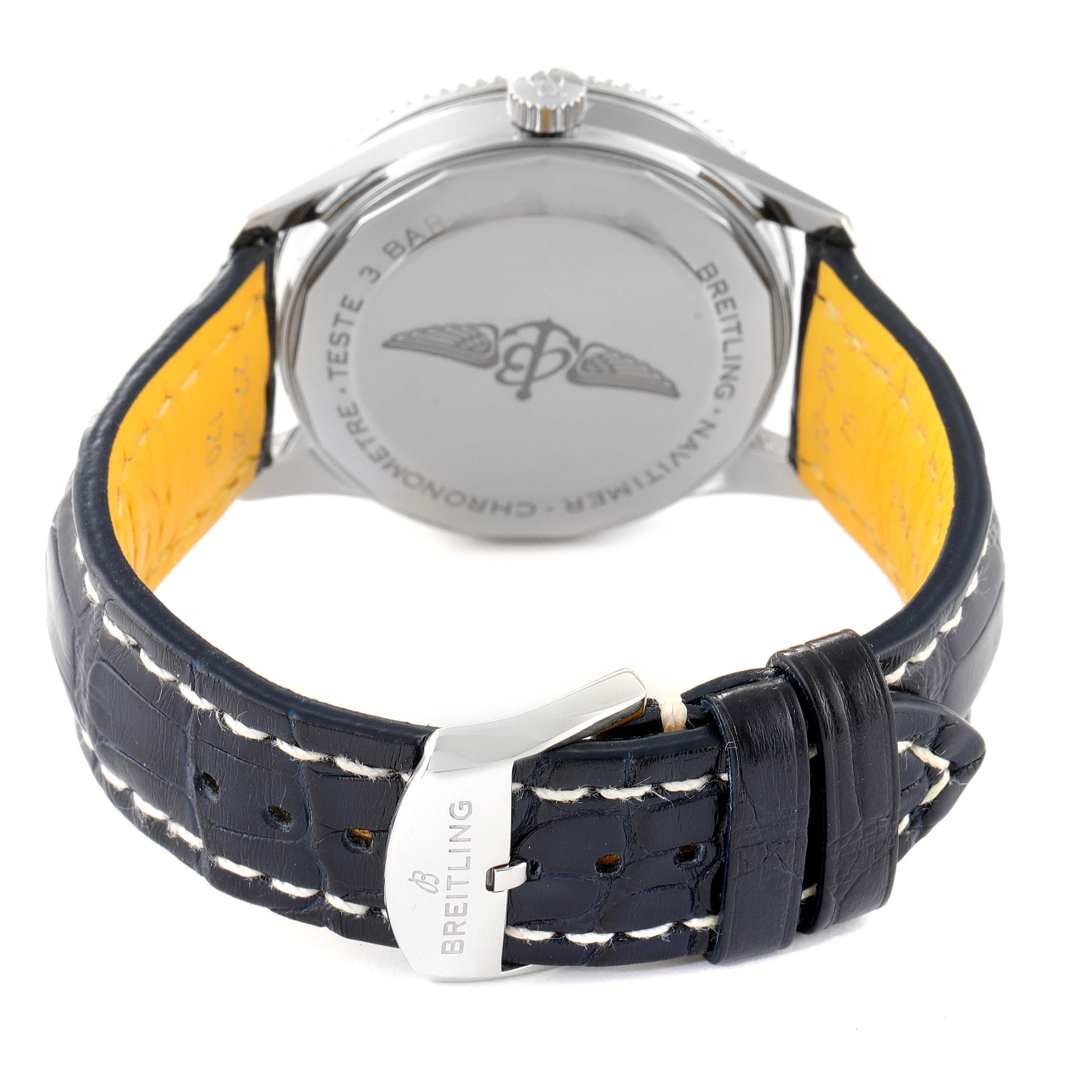 The image shows the back case and strap of a Breitling Navitimer A17326 Men
s Stainless Steel Blue Dial A17326 Men
s Stainless Steel Blue Dial watch, highlighting the clasp and stitching details.