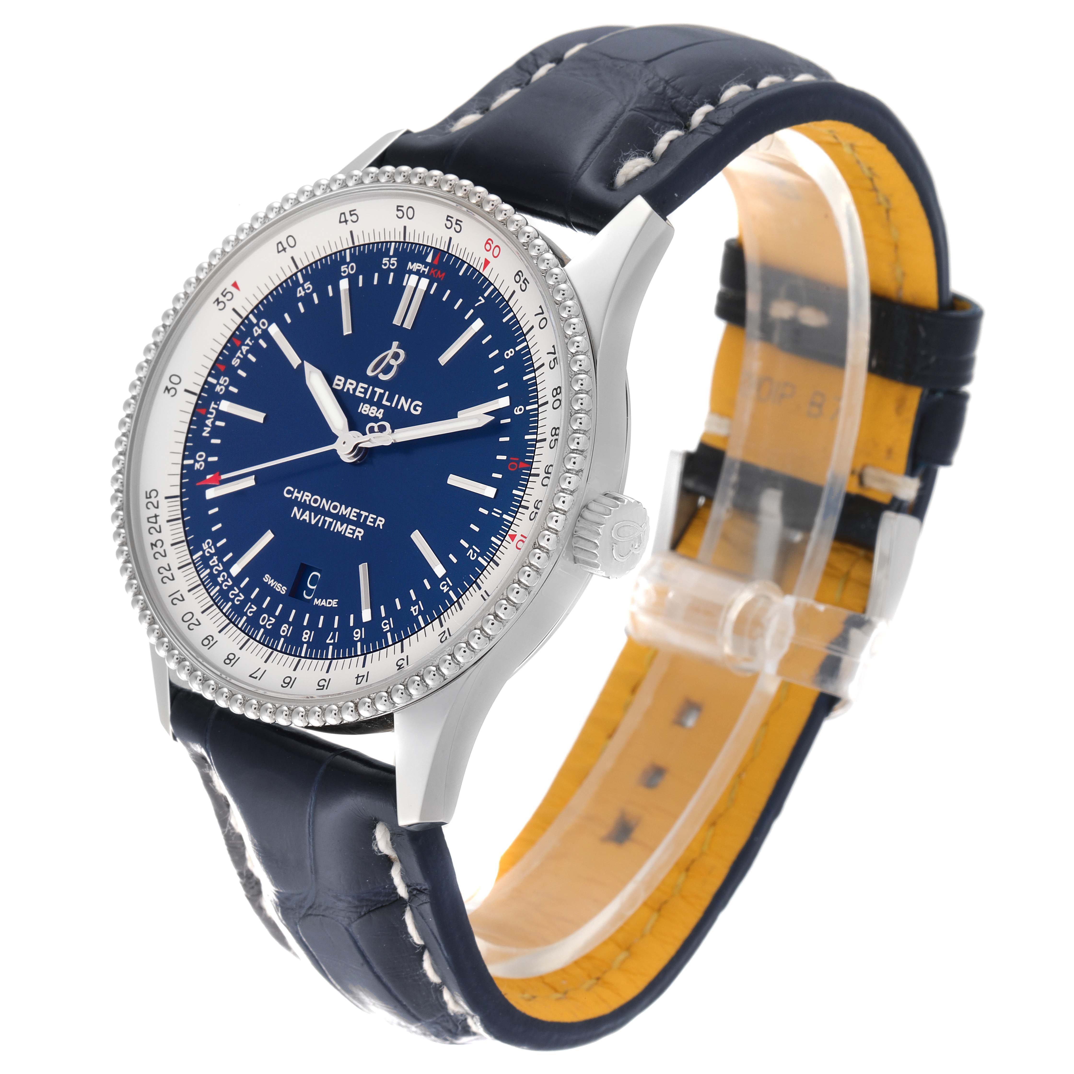 The image shows a Breitling Navitimer A17326 Men
s Stainless Steel Blue Dial A17326 Men
s Stainless Steel Blue Dial watch at a slight side angle, highlighting the watch face, bezel, crown, and leather strap.