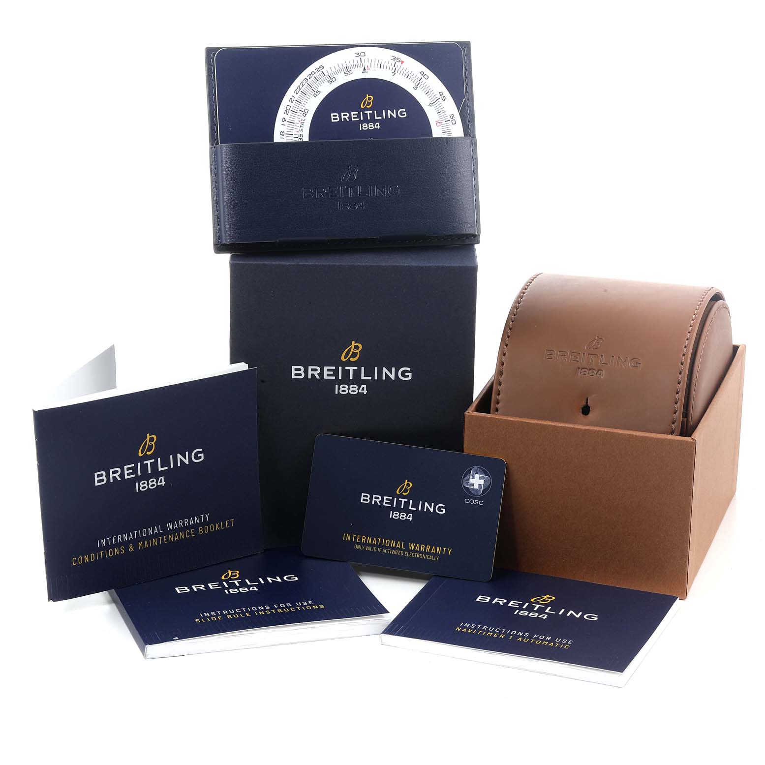 The image shows Breitling Navitimer A17326 Men
s Stainless Steel Blue Dial A17326 Men
s Stainless Steel Blue Dial packaging, with a box, manual, warranty card, and a leather watch case, all at a frontal angle.