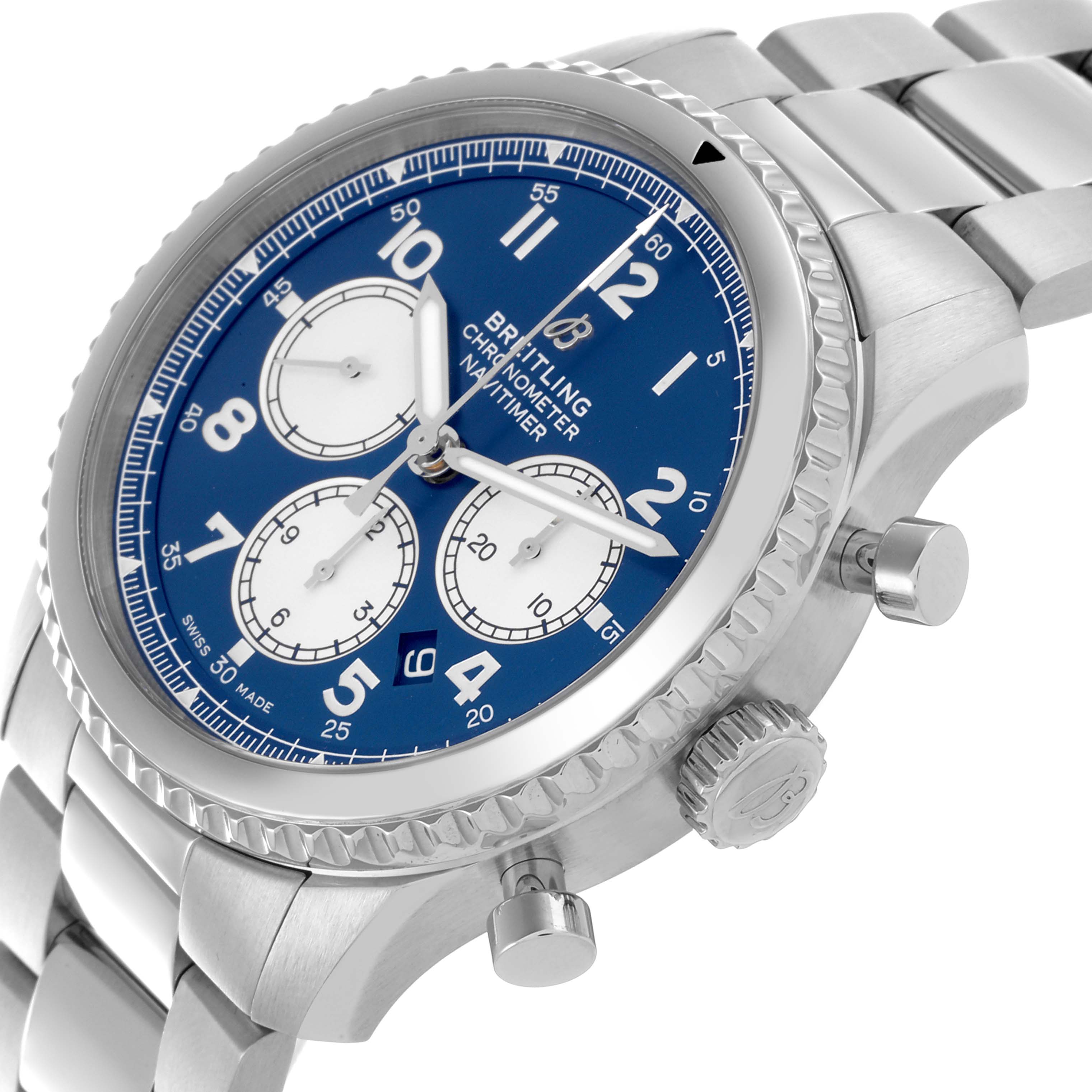 The Breitling Navitimer AB0117 Men's Stainless Steel Blue Dial AB0117 Men's Stainless Steel Blue Dial watch is shown at an angle highlighting the blue dial, bezel, crown, and pushers on the right side.