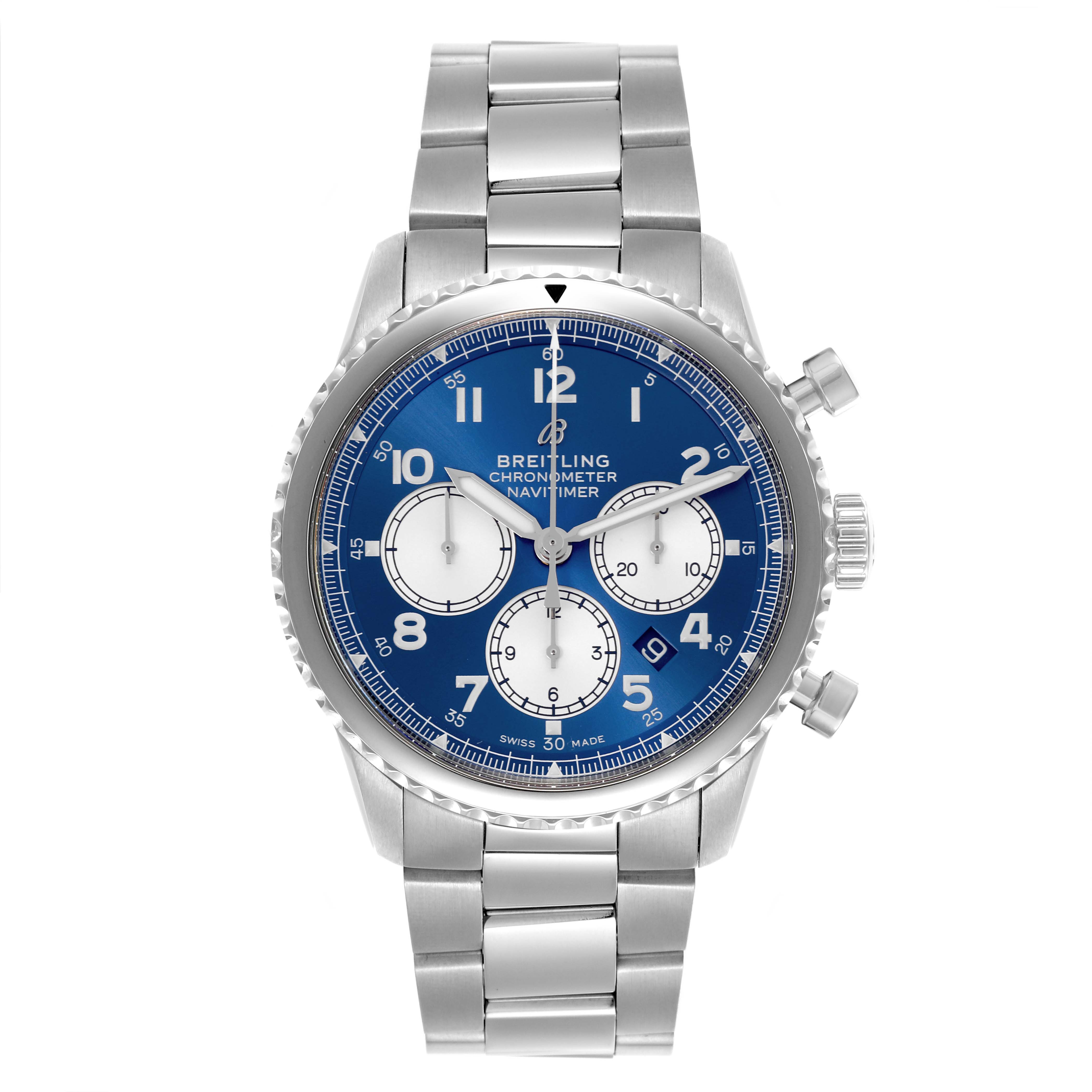 The Breitling Navitimer AB0117 Men's Stainless Steel Blue Dial AB0117 Men's Stainless Steel Blue Dial watch is shown from the front, featuring its face, bezel, and bracelet.