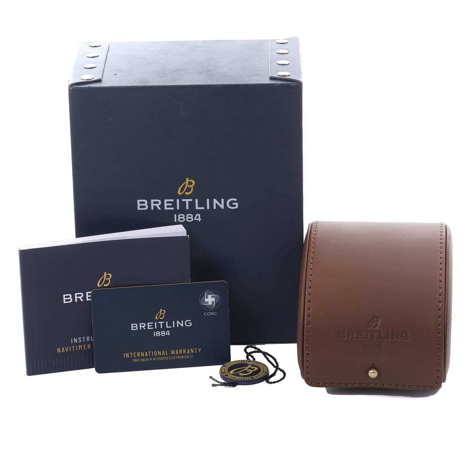 The image shows a Breitling Navitimer AB0117 Men's Stainless Steel Blue Dial AB0117 Men's Stainless Steel Blue Dial box, manuals, warranty card, and a brown leather case from a front angle.