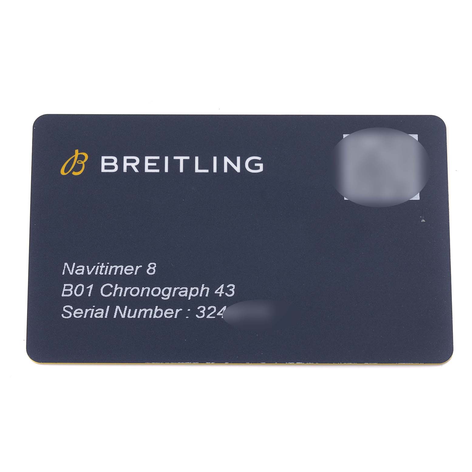 The image shows a Breitling Navitimer AB0117 Men's Stainless Steel Blue Dial AB0117 Men's Stainless Steel Blue Dial 8 B01 Chronograph 43 warranty card.