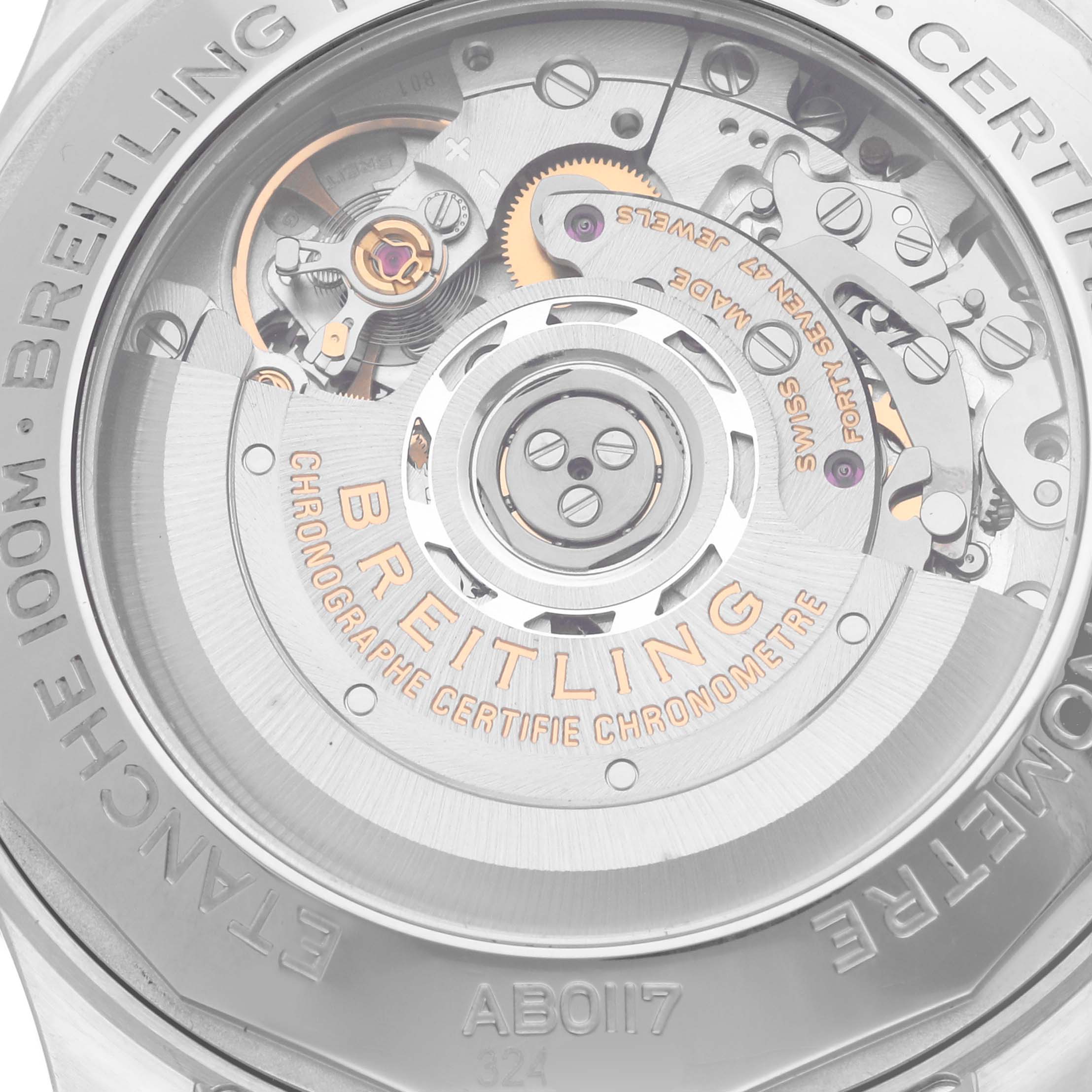 The image shows the back view of a Breitling Navitimer AB0117 Men's Stainless Steel Blue Dial AB0117 Men's Stainless Steel Blue Dial, highlighting its intricate movement and rotor details.