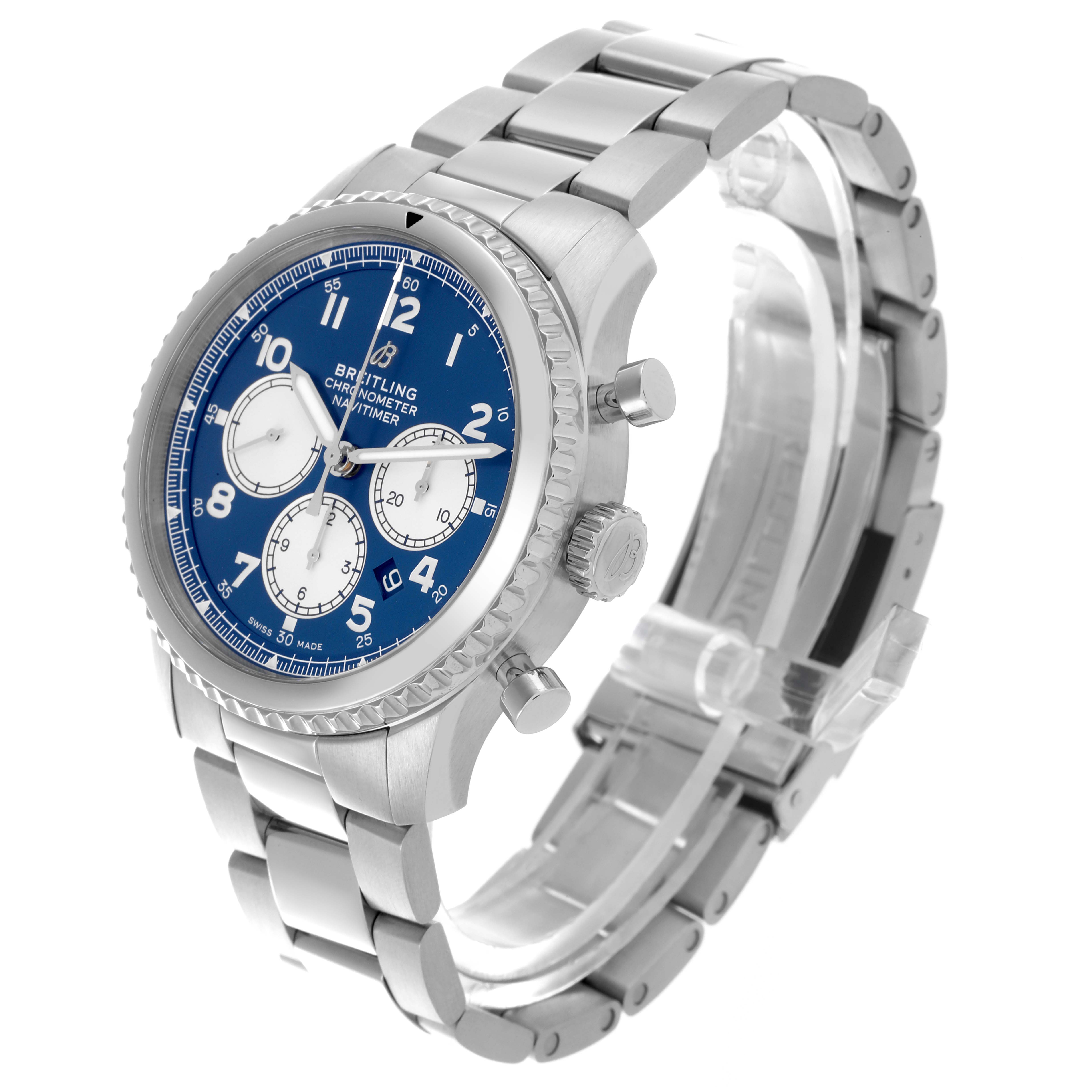 The Breitling Navitimer AB0117 Men's Stainless Steel Blue Dial AB0117 Men's Stainless Steel Blue Dial watch is shown at a three-quarter angle, highlighting the dial, bezel, and metal bracelet.