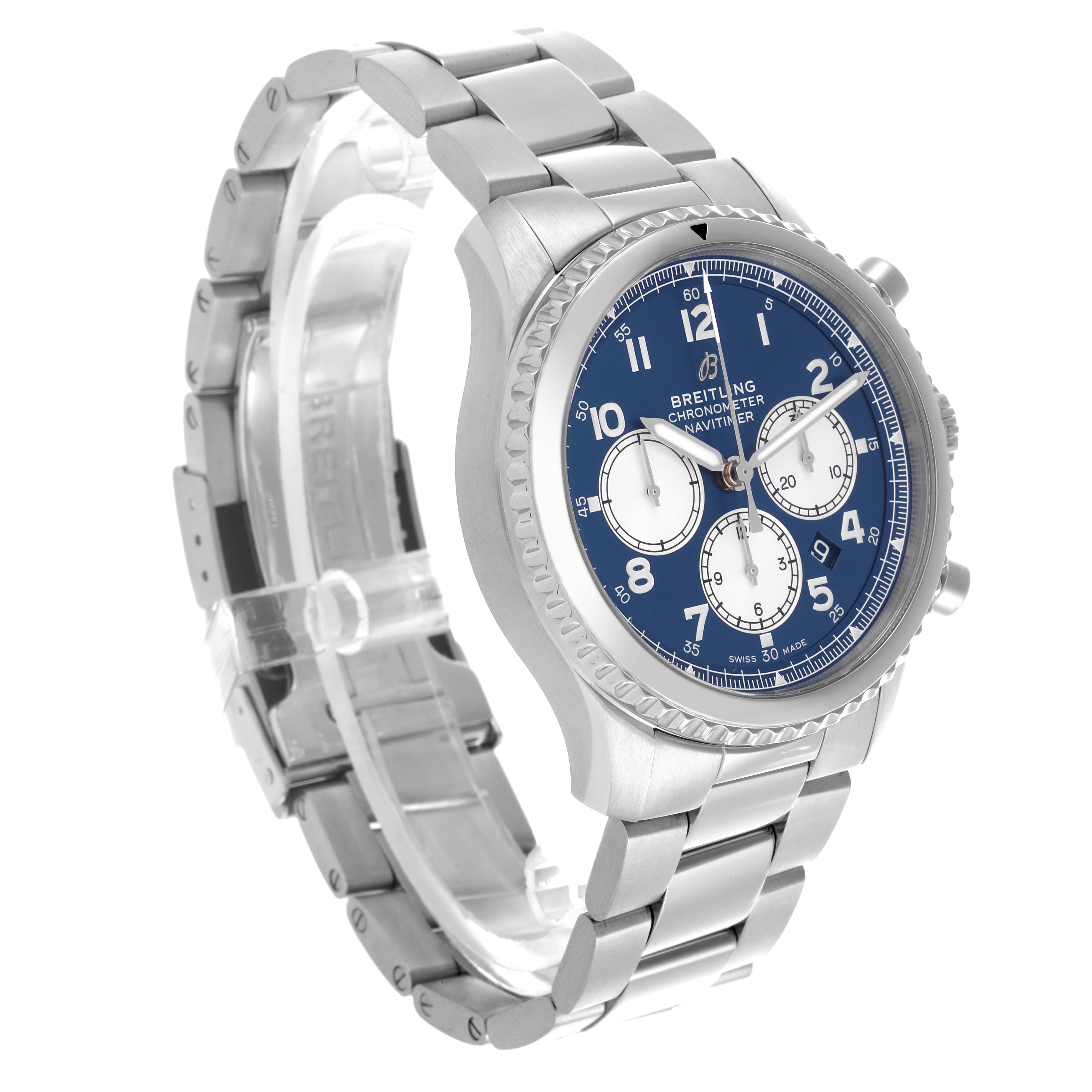 The Breitling Navitimer AB0117 Men's Stainless Steel Blue Dial AB0117 Men's Stainless Steel Blue Dial watch is shown at a three-quarter angle, highlighting the blue dial, silver bezel, and metal bracelet.