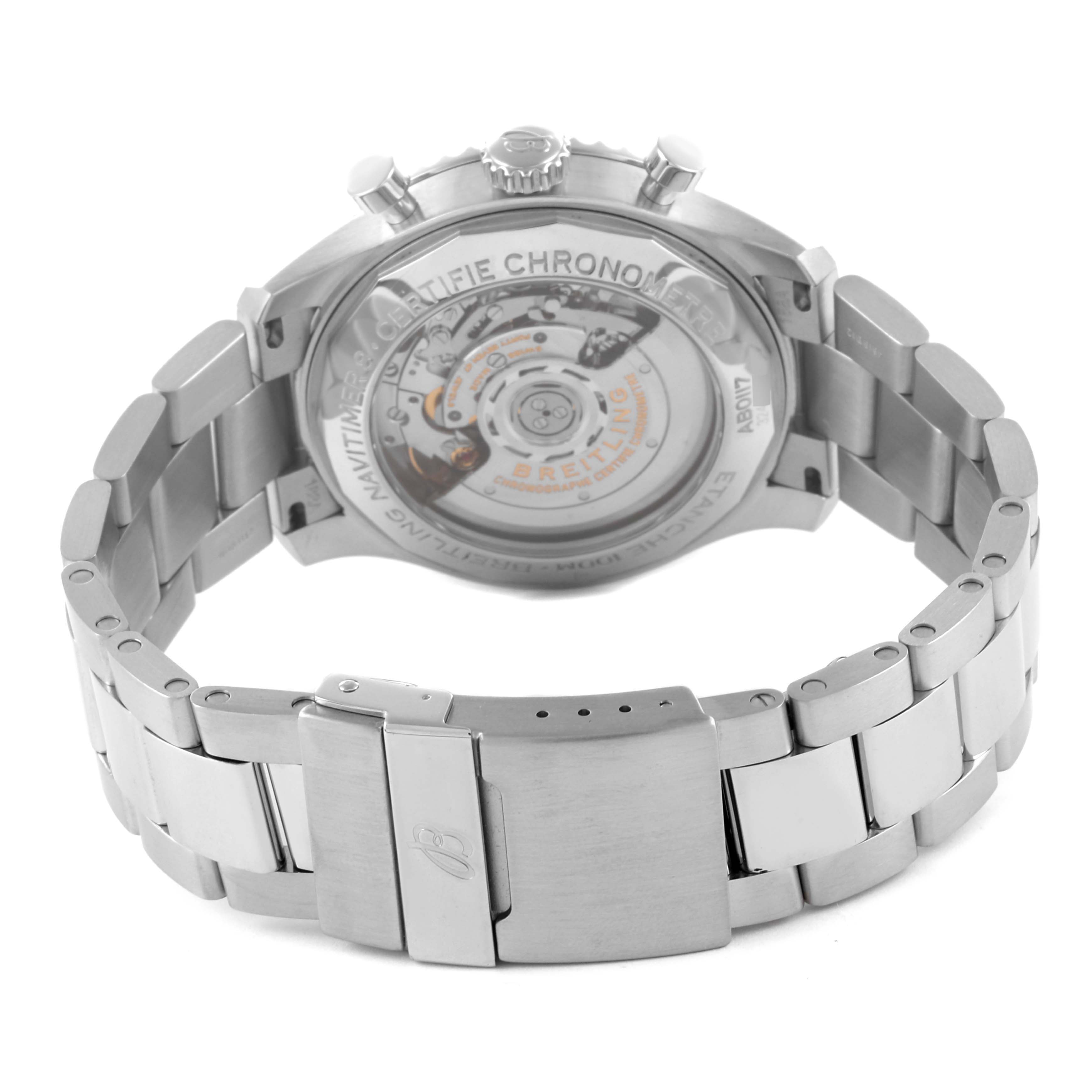 The Breitling Navitimer AB0117 Men's Stainless Steel Blue Dial AB0117 Men's Stainless Steel Blue Dial watch is shown from the back, highlighting the movement and stainless steel bracelet.