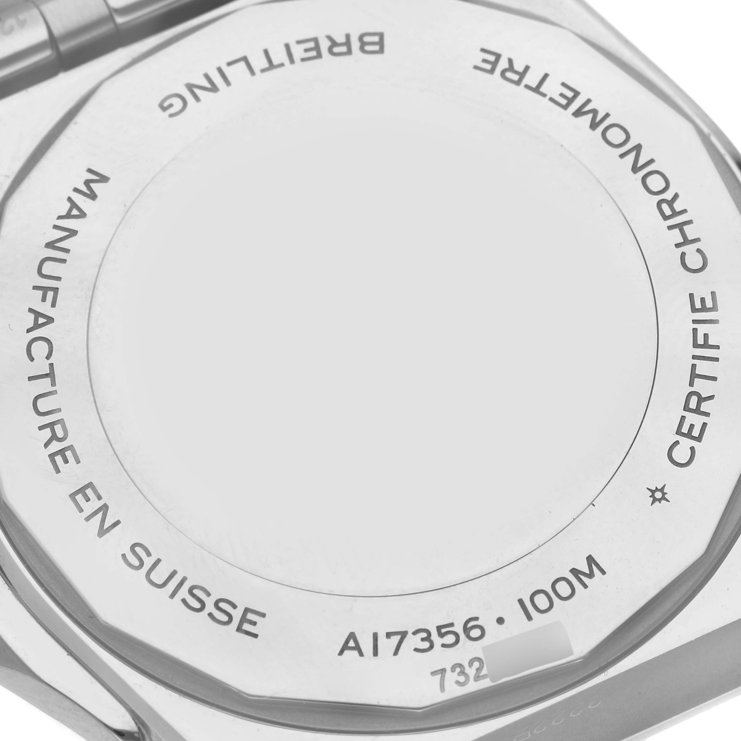 The image shows the back casing of a Breitling A17356 Women's Stainless Steel Blue Dial A17356 Women's Stainless Steel Blue Dial Super Chronomat Blue Dial Steel Diamond Ladies Watch A17356, highlighting engravings and specifications.