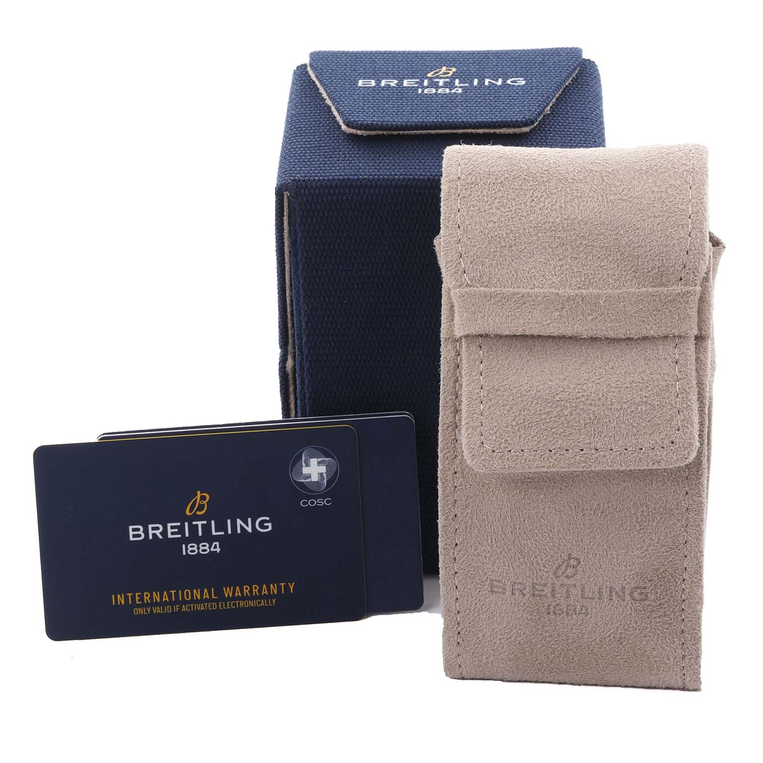 The image shows a Breitling A17356 Women's Stainless Steel Blue Dial A17356 Women's Stainless Steel Blue Dial box, suede pouch, and international warranty card for the Super Chronomat Blue Dial Steel Diamond Ladies Watch A17356.