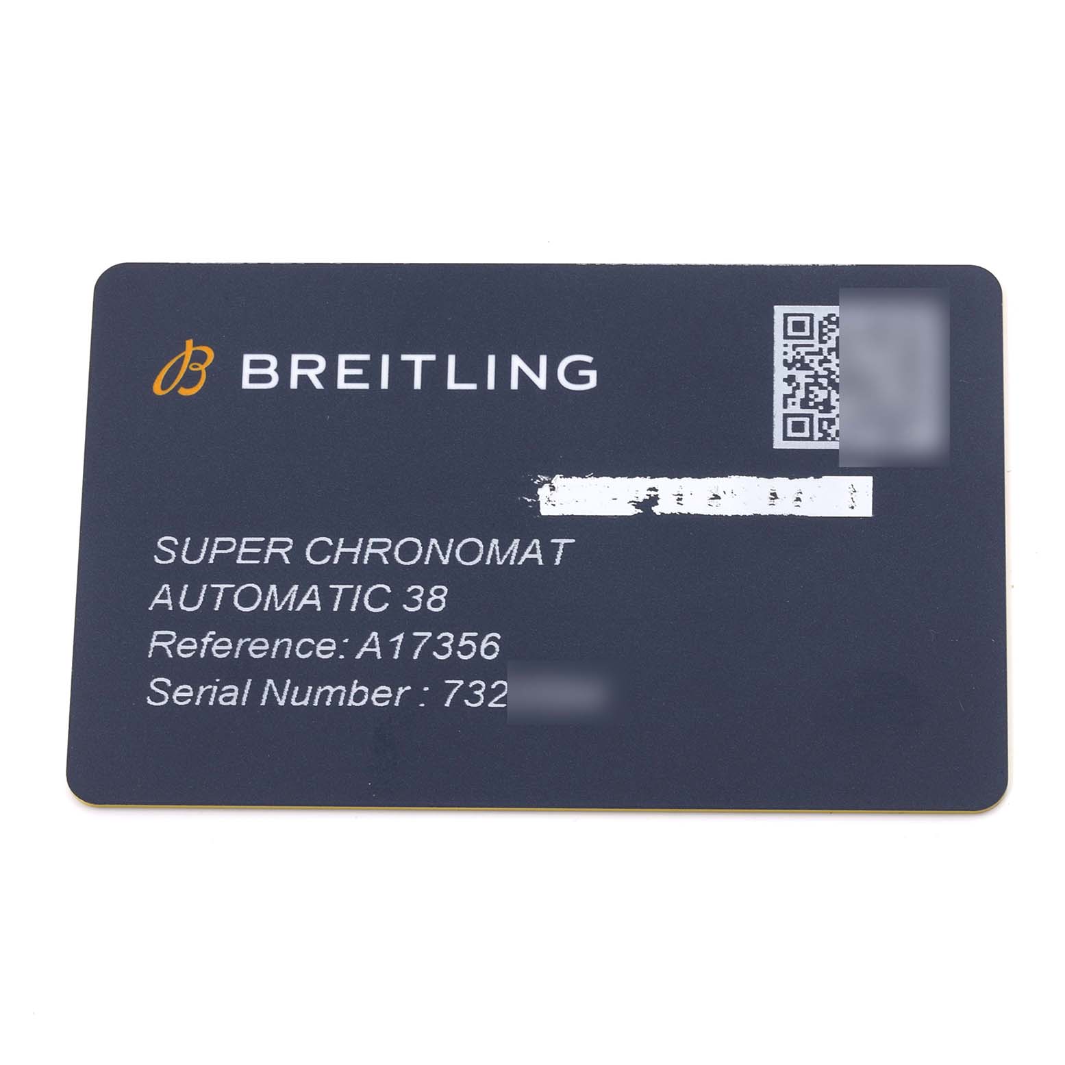 The image shows a warranty card for the Breitling A17356 Women's Stainless Steel Blue Dial A17356 Women's Stainless Steel Blue Dial Super Chronomat Steel Diamond Ladies Watch, model A17356.