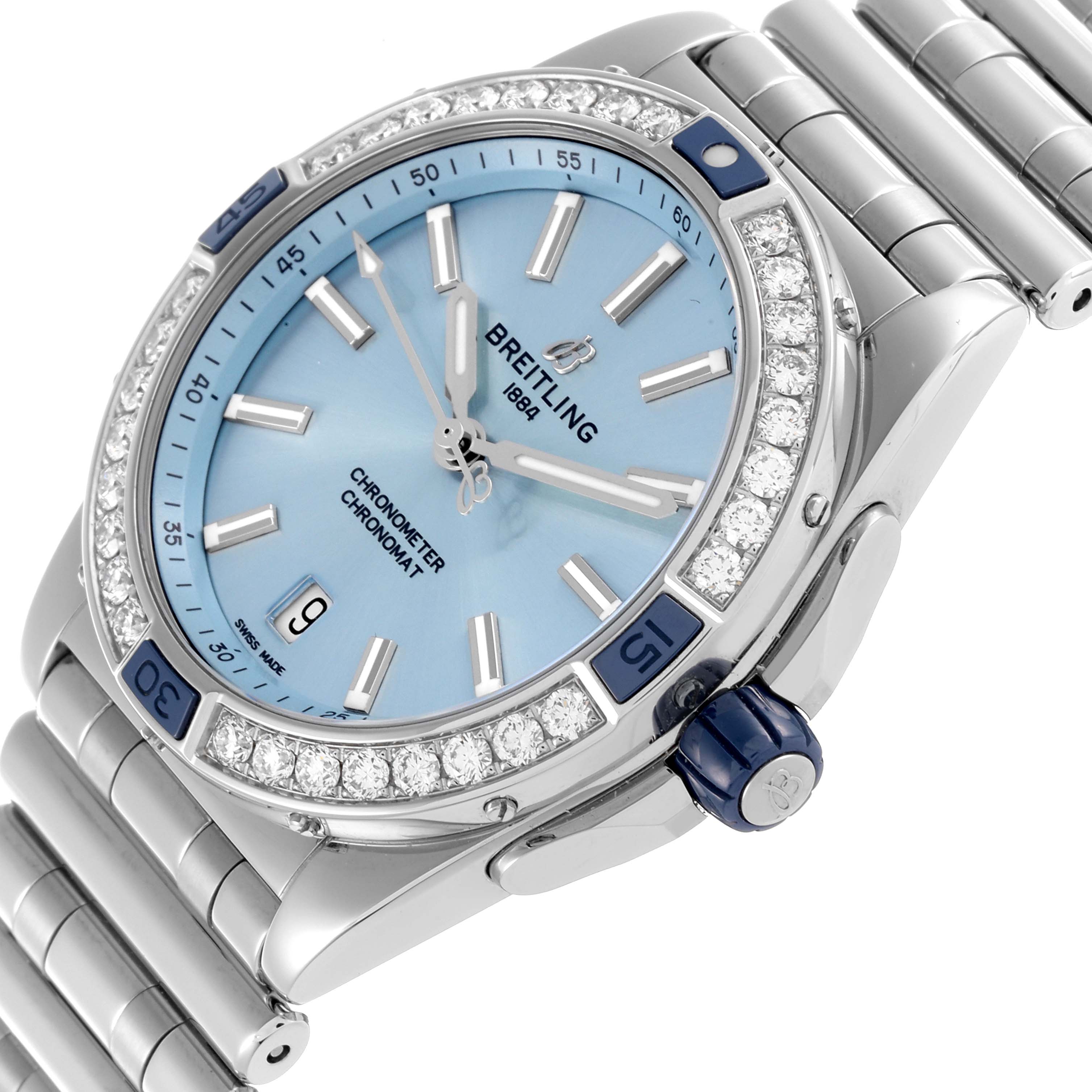 The Breitling A17356 Women's Stainless Steel Blue Dial A17356 Women's Stainless Steel Blue Dial Super Chronomat A17356 is shown at an angle highlighting the blue dial, diamond bezel, crown, and part of the bracelet.