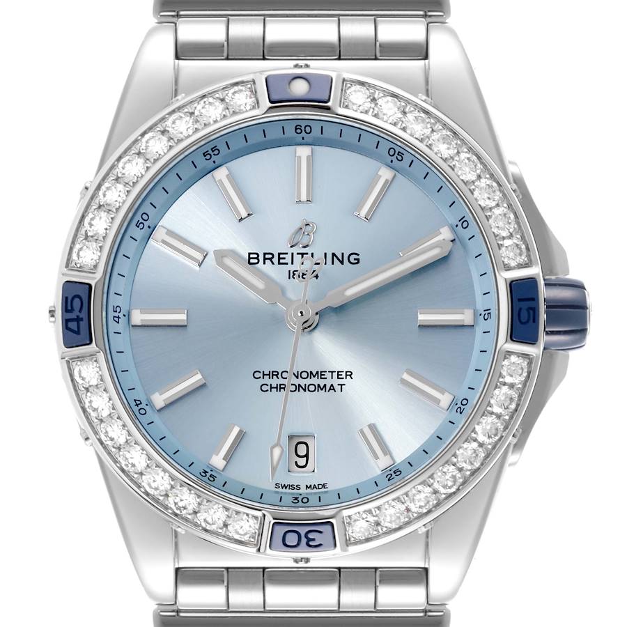 The Breitling Super Chronomat shows its blue dial, diamond bezel, and part of the steel bracelet from a front angle.