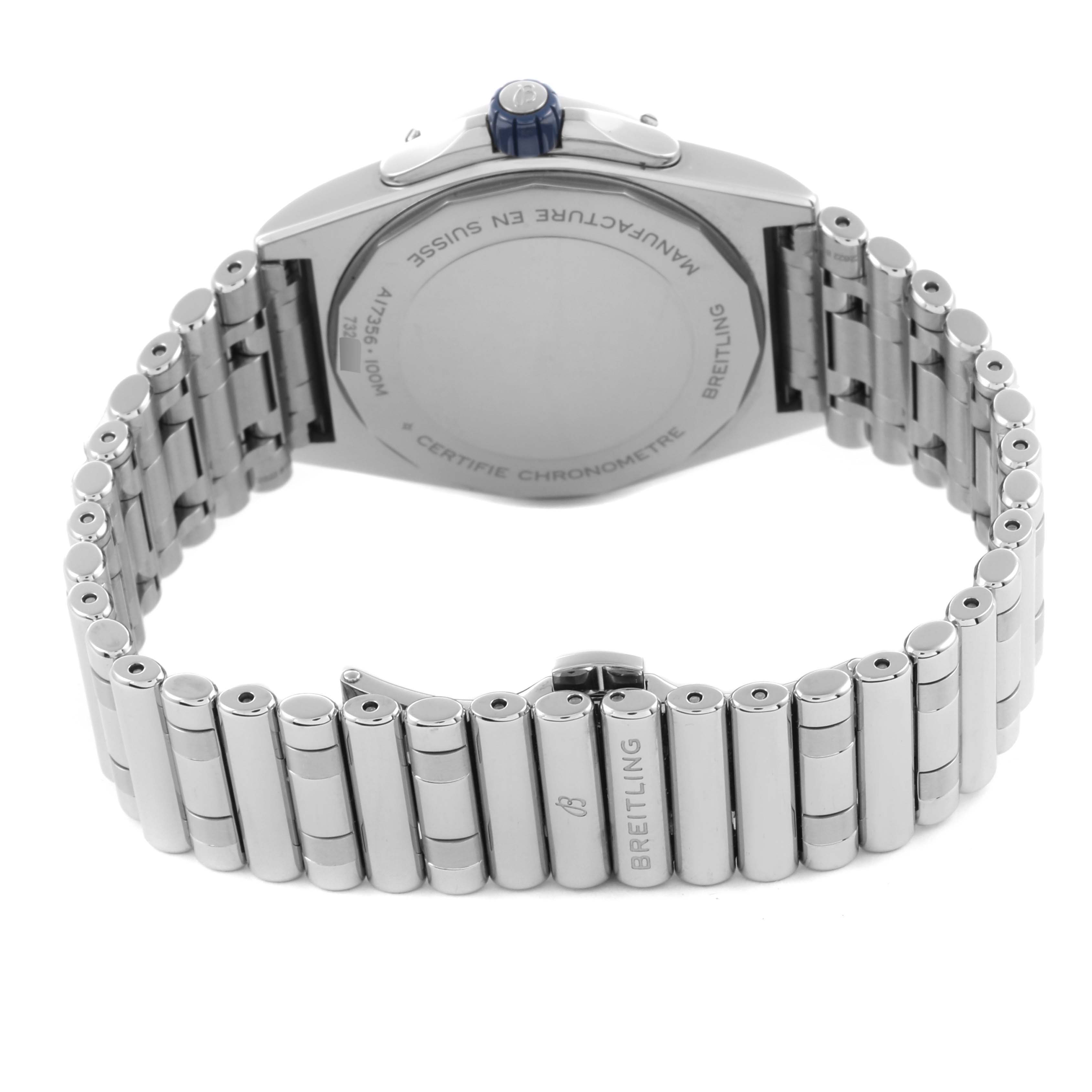 The Breitling A17356 Women's Stainless Steel Blue Dial A17356 Women's Stainless Steel Blue Dial Super Chronomat A17356 is shown from the back, highlighting the case back and bracelet.