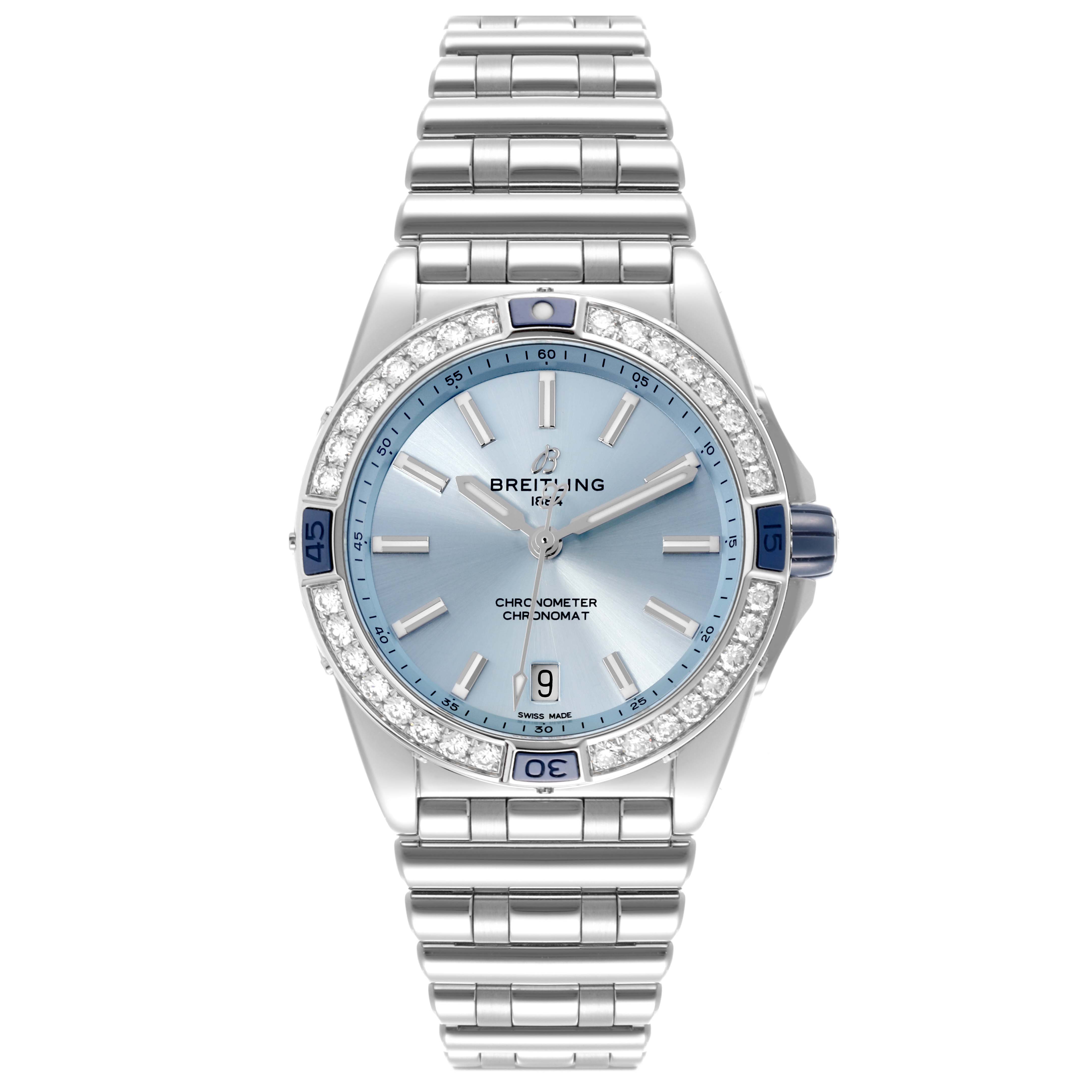 The Breitling A17356 Women's Stainless Steel Blue Dial A17356 Women's Stainless Steel Blue Dial Super Chronomat features a top-down view, showing the blue dial, steel bracelet, and diamond bezel.