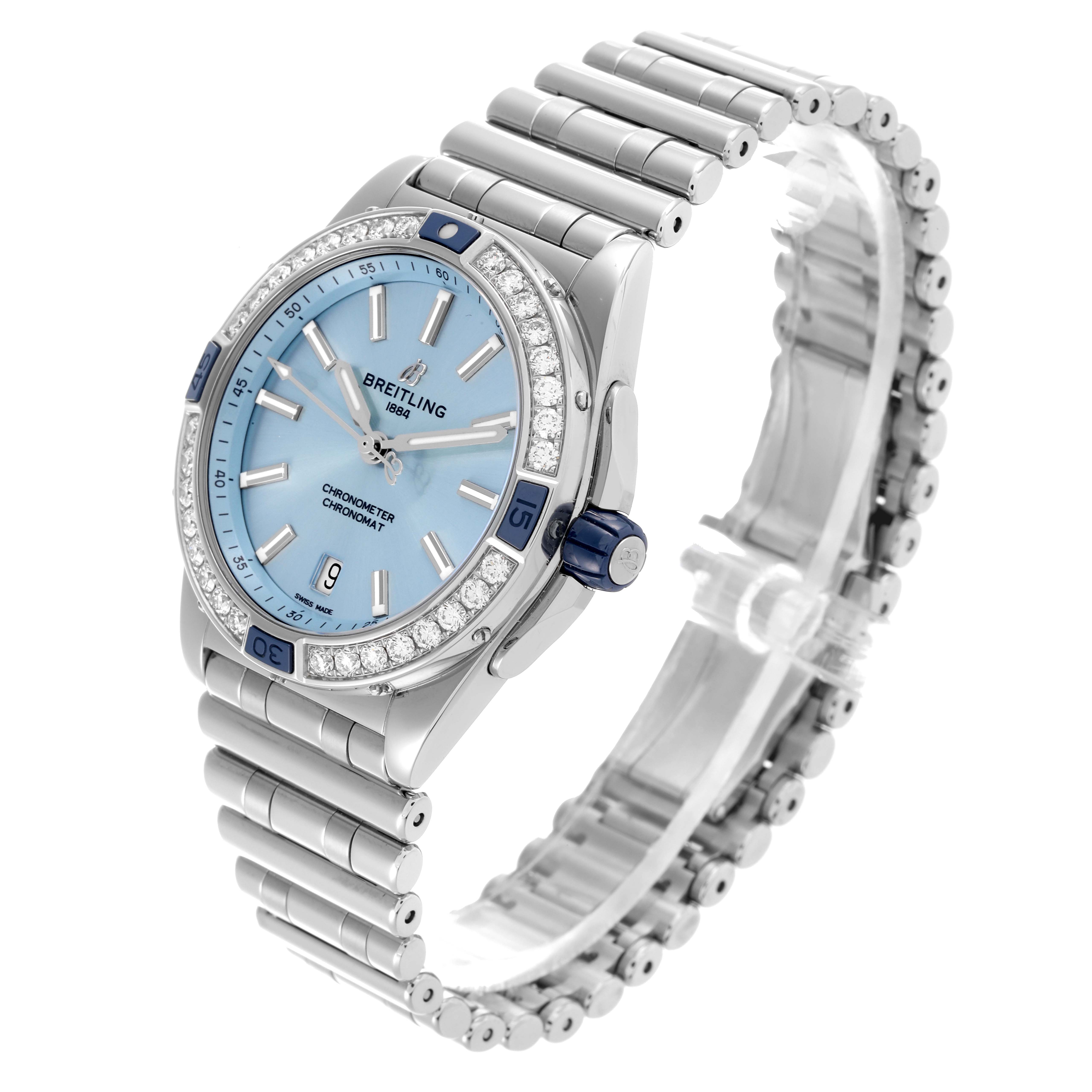 The Breitling A17356 Women's Stainless Steel Blue Dial A17356 Women's Stainless Steel Blue Dial Super Chronomat Blue Dial Steel Diamond watch is shown at an angled top view, displaying the face, bezel, and bracelet.