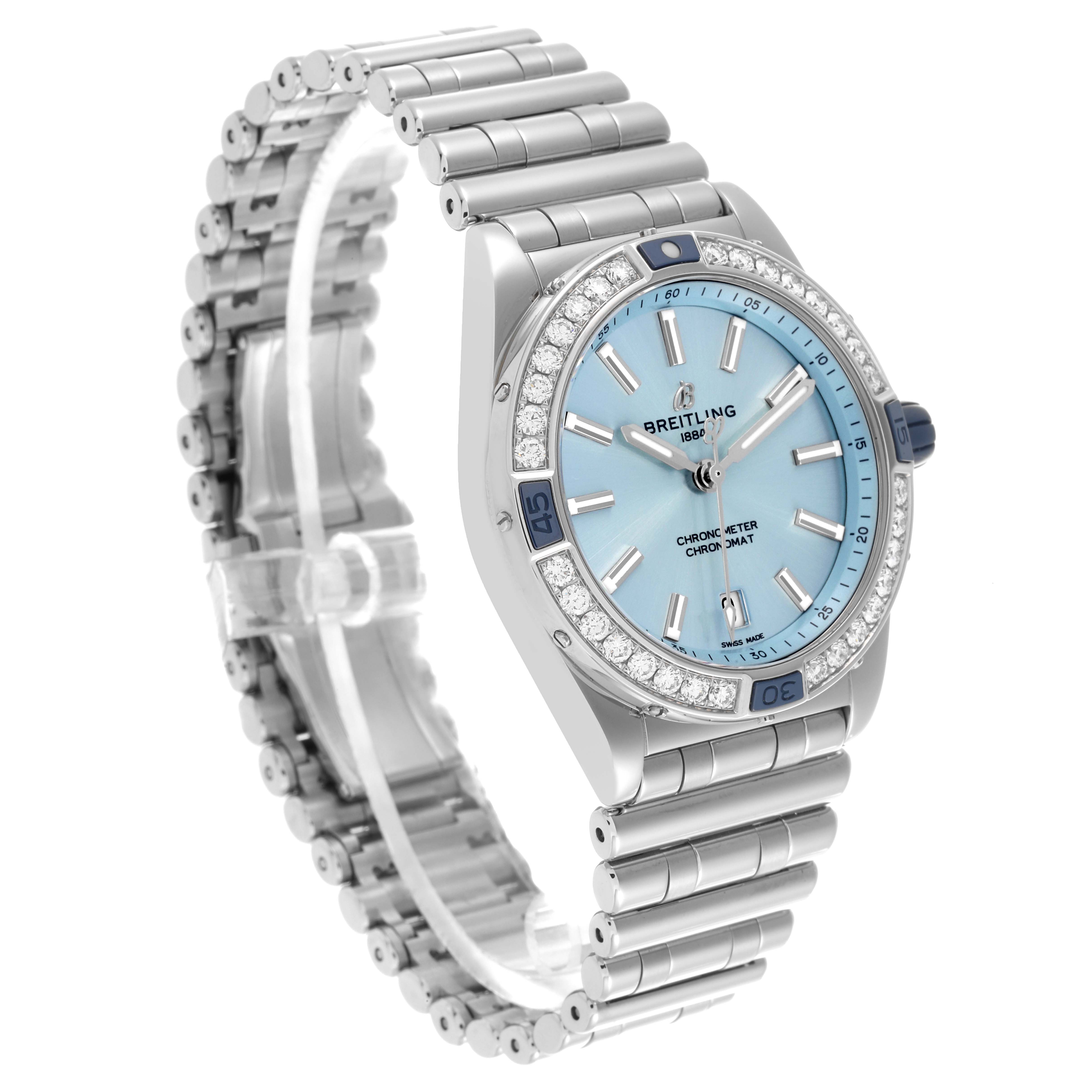 The Breitling A17356 Women's Stainless Steel Blue Dial A17356 Women's Stainless Steel Blue Dial Super Chronomat A17356 is shown at a three-quarter angle, highlighting its blue dial and diamond-set bezel.