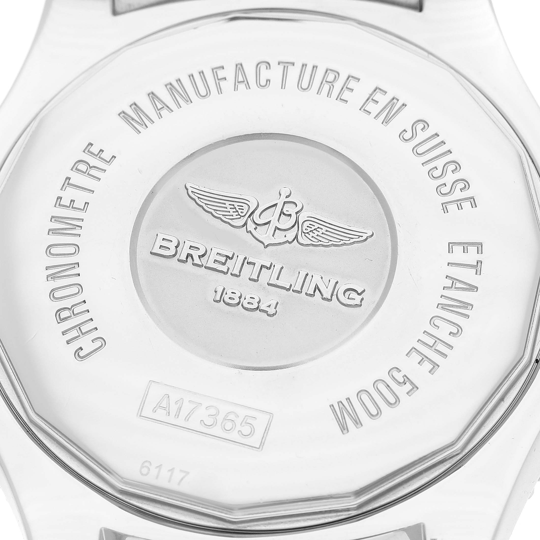 The image shows the back case of the Breitling Superocean A17365 Men's Stainless Steel Blue Dial A17365 Men's Stainless Steel Blue Dial watch, highlighting the brand logo and model information.