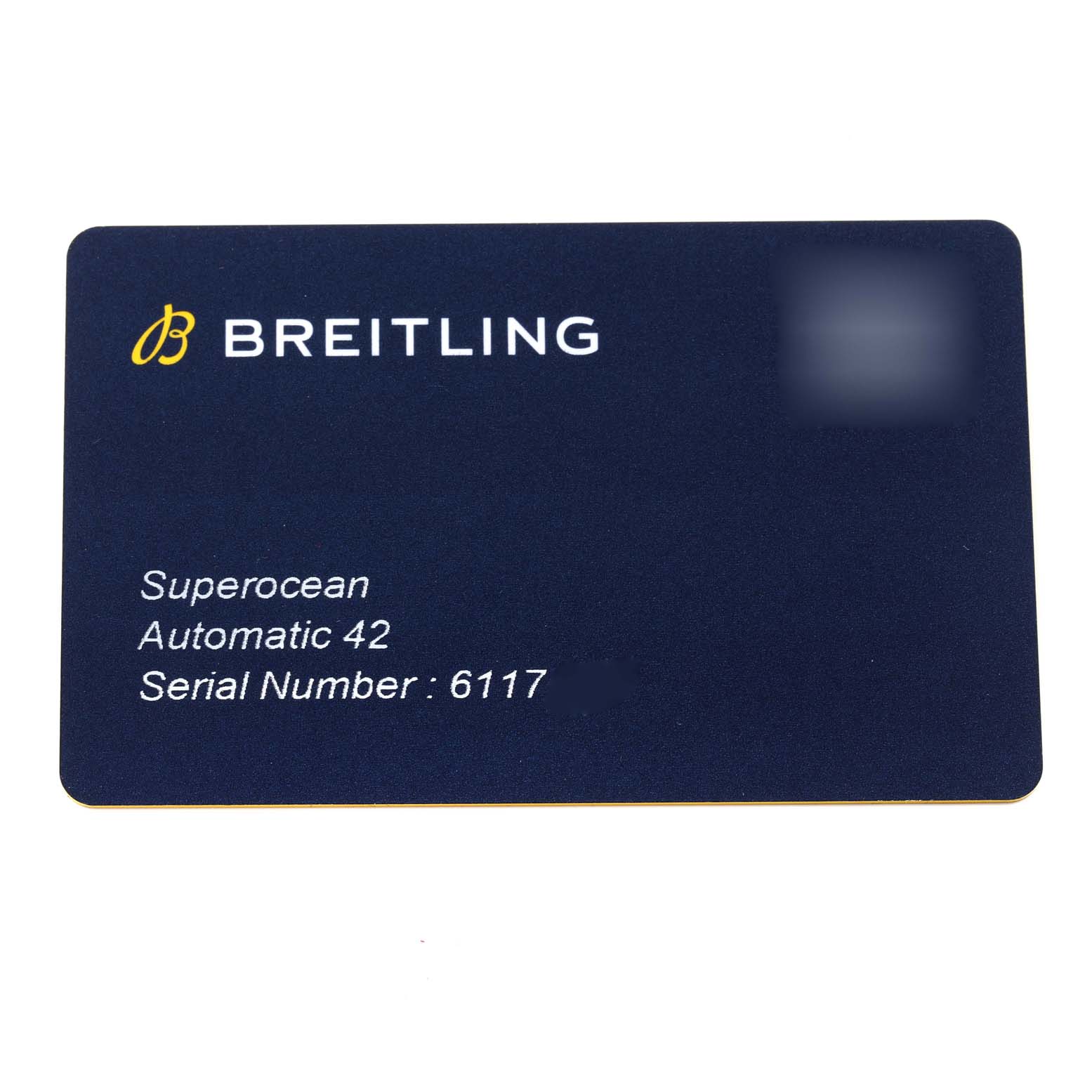 This image shows a warranty card for the Breitling Superocean A17365 Men's Stainless Steel Blue Dial A17365 Men's Stainless Steel Blue Dial Automatic 42 watch, displaying the model name, brand, and serial number.