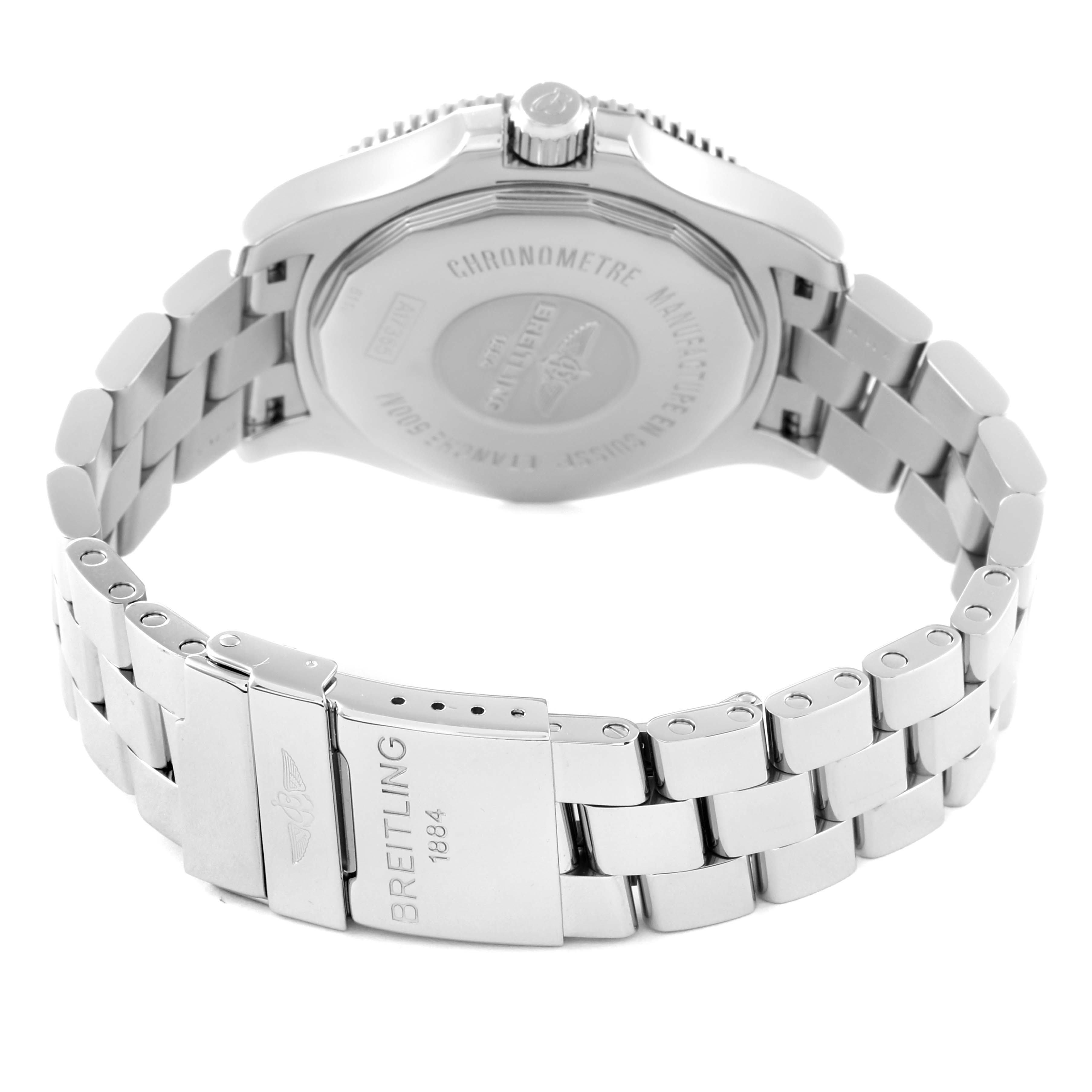 This image shows the rear and side profile of a Breitling Superocean A17365 Men's Stainless Steel Blue Dial A17365 Men's Stainless Steel Blue Dial watch, highlighting its closed clasp and stainless steel bracelet.