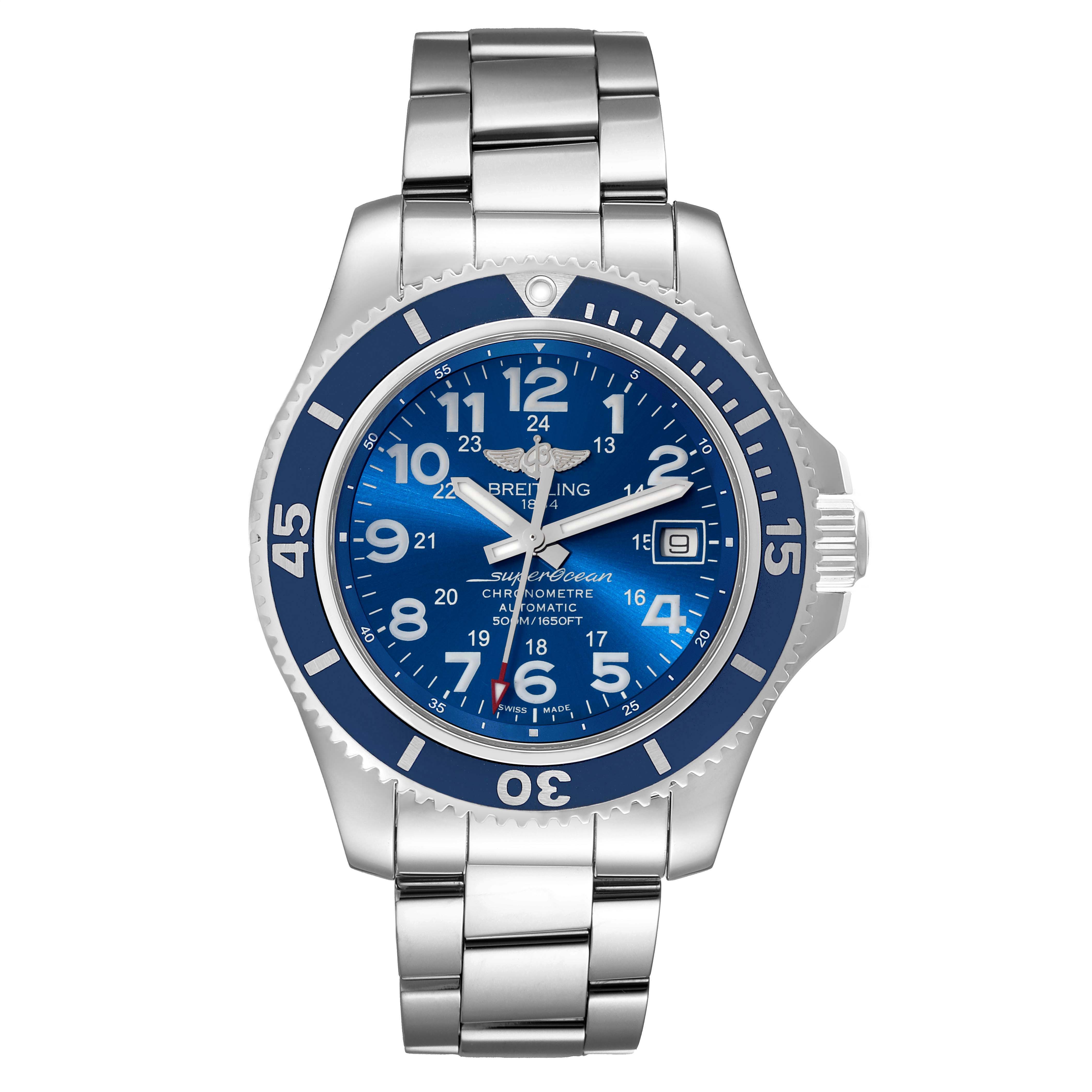 The image shows a frontal view of a Superocean model by Breitling, displaying the dial, bezel, and stainless steel bracelet.