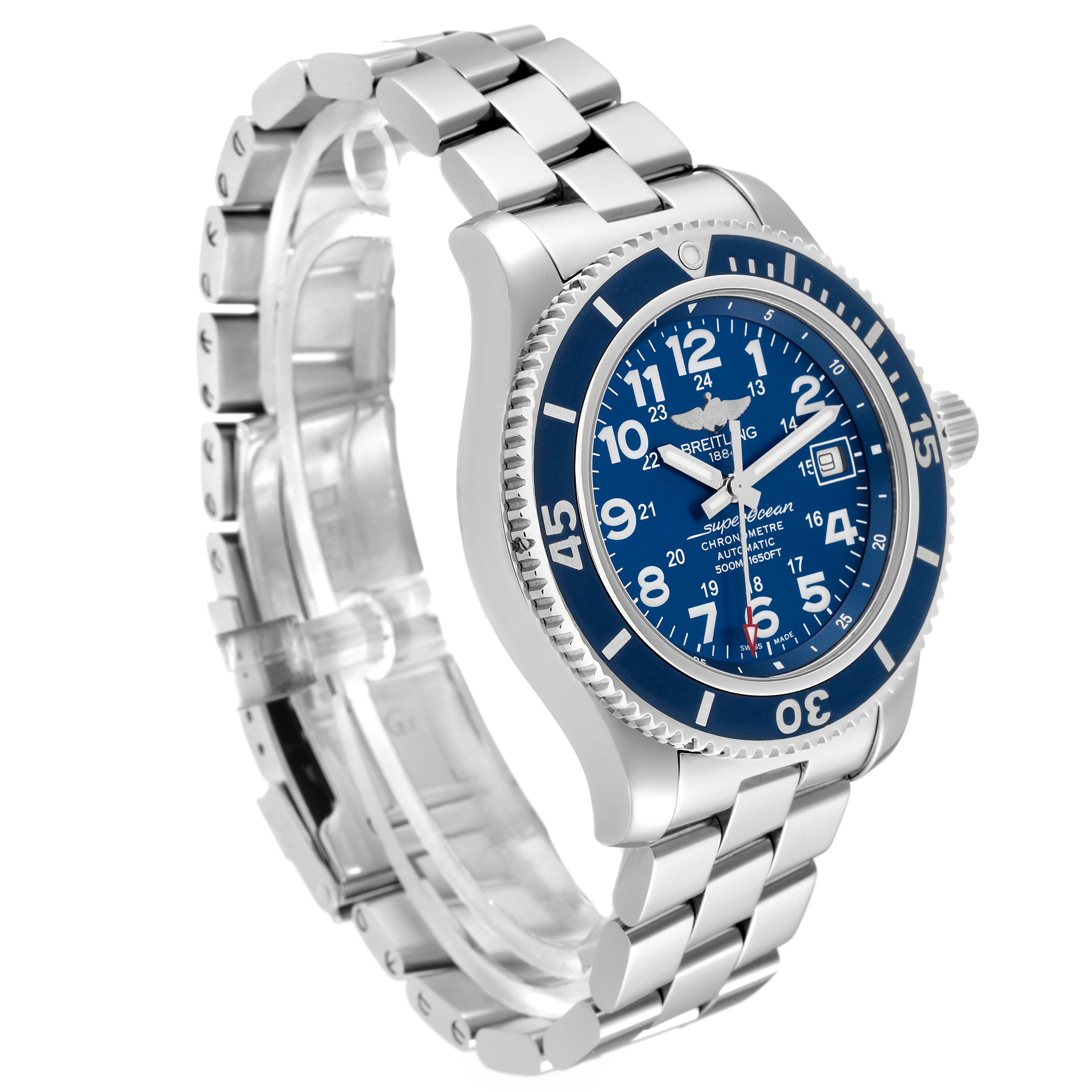 The image shows a Breitling Superocean A17365 Men's Stainless Steel Blue Dial A17365 Men's Stainless Steel Blue Dial watch at a three-quarter angle, displaying the face, bezel, and metal band.