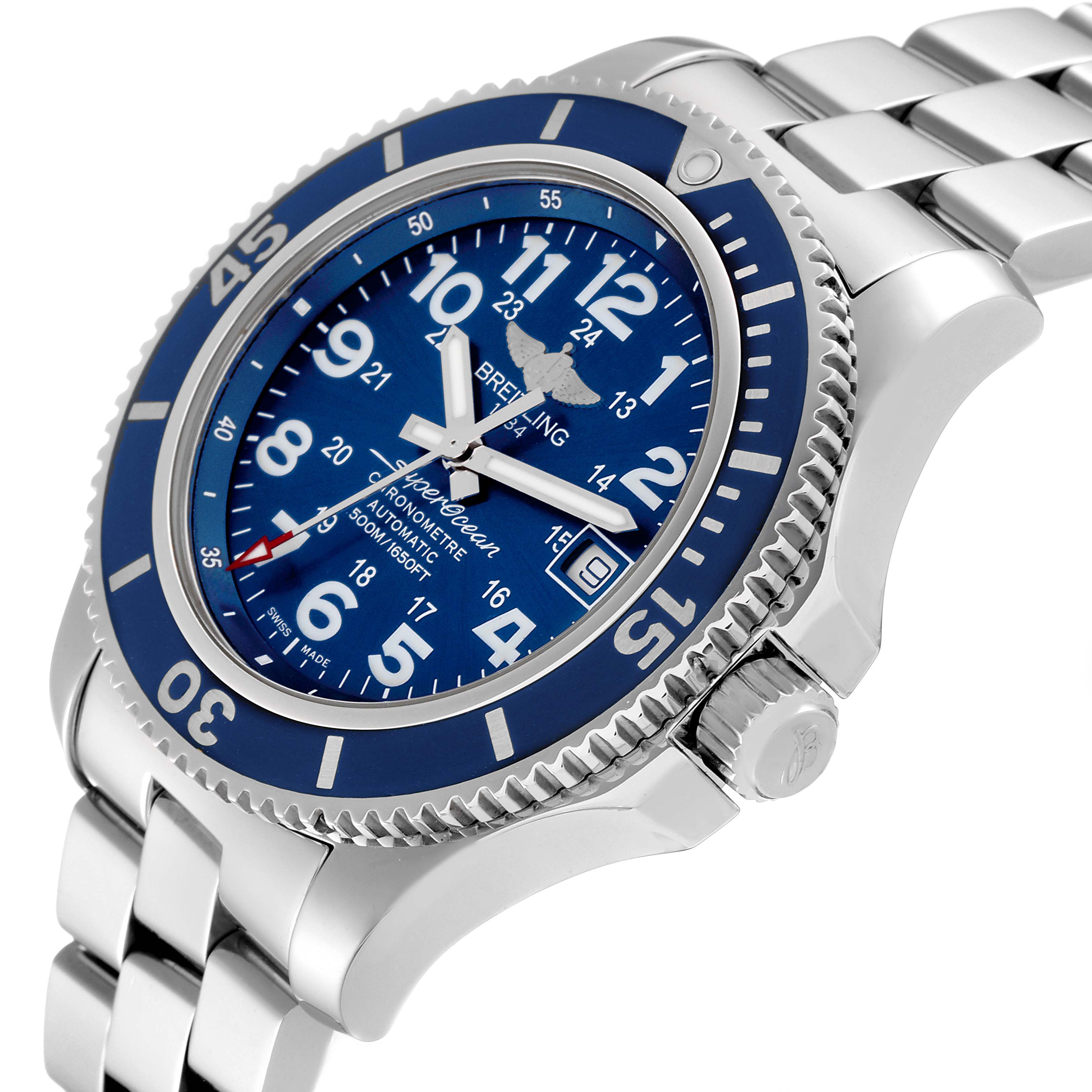 The image shows a Breitling Superocean A17365 Men's Stainless Steel Blue Dial A17365 Men's Stainless Steel Blue Dial watch at an angle highlighting the face, bezel, crown, and part of the metal bracelet.