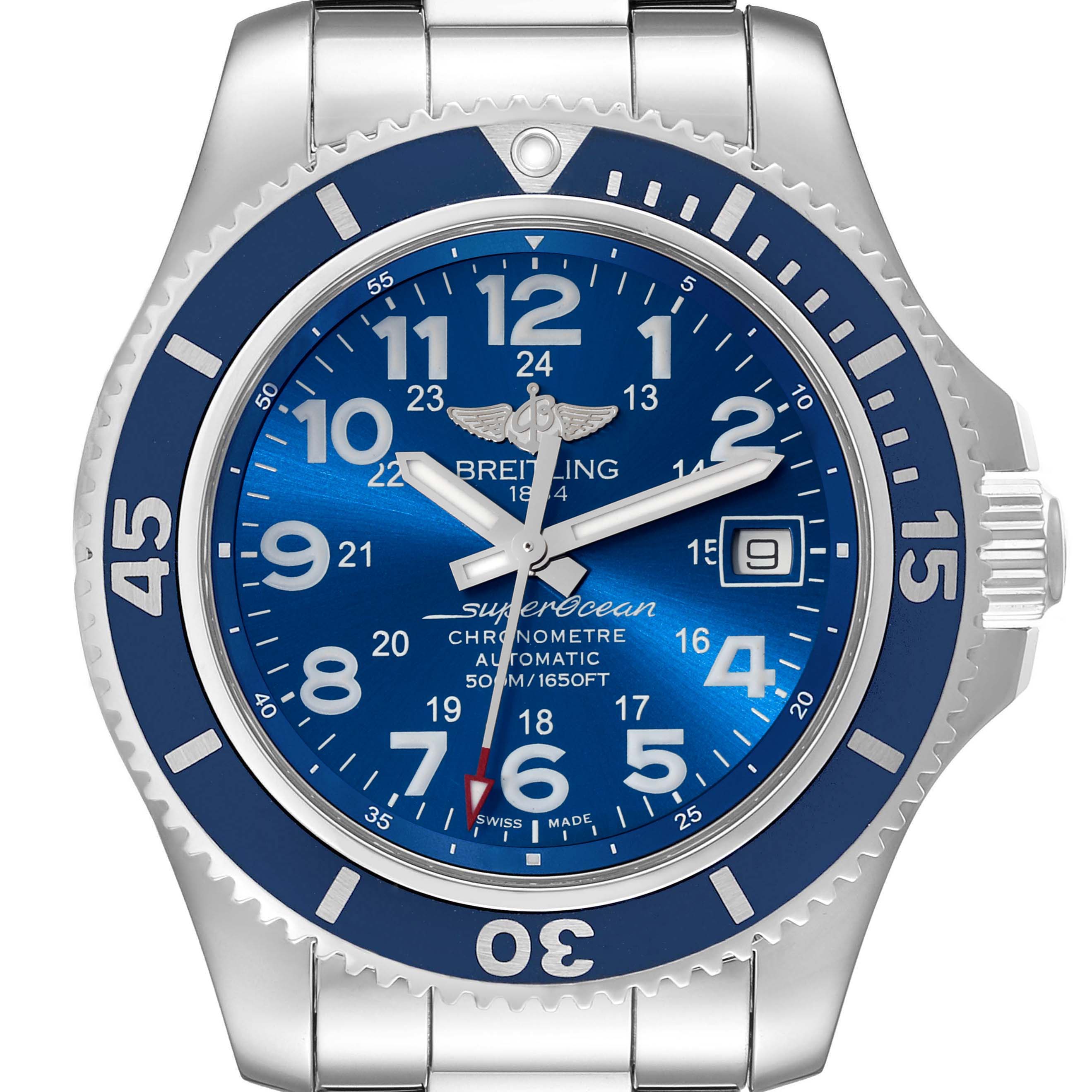 The image shows a Breitling Superocean A17365 Men's Stainless Steel Blue Dial A17365 Men's Stainless Steel Blue Dial watch face, bezel, and part of the bracelet from a front angle.