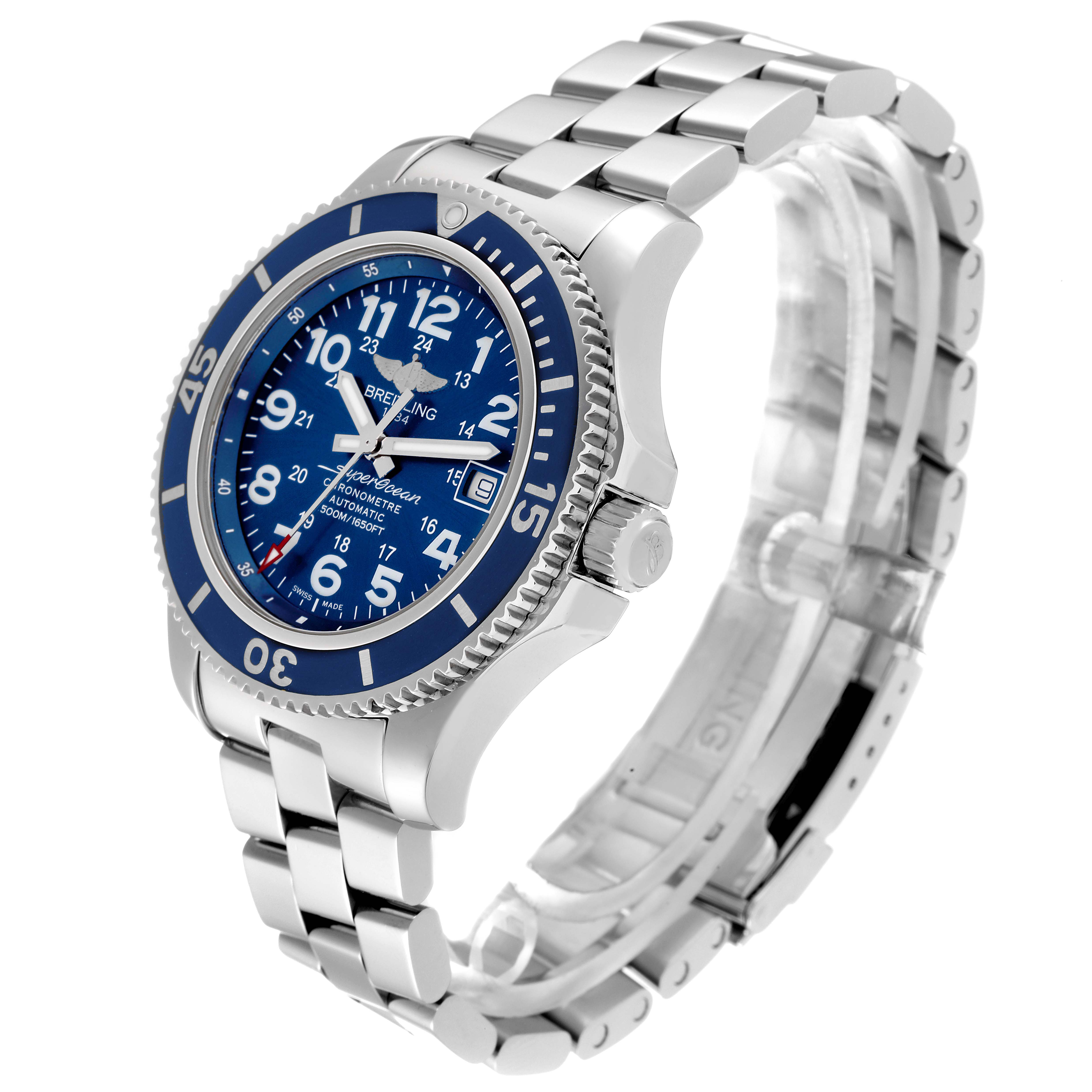 The Breitling Superocean A17365 Men's Stainless Steel Blue Dial A17365 Men's Stainless Steel Blue Dial watch is shown at a three-quarter angle, displaying the blue dial, bezel, and stainless steel bracelet.