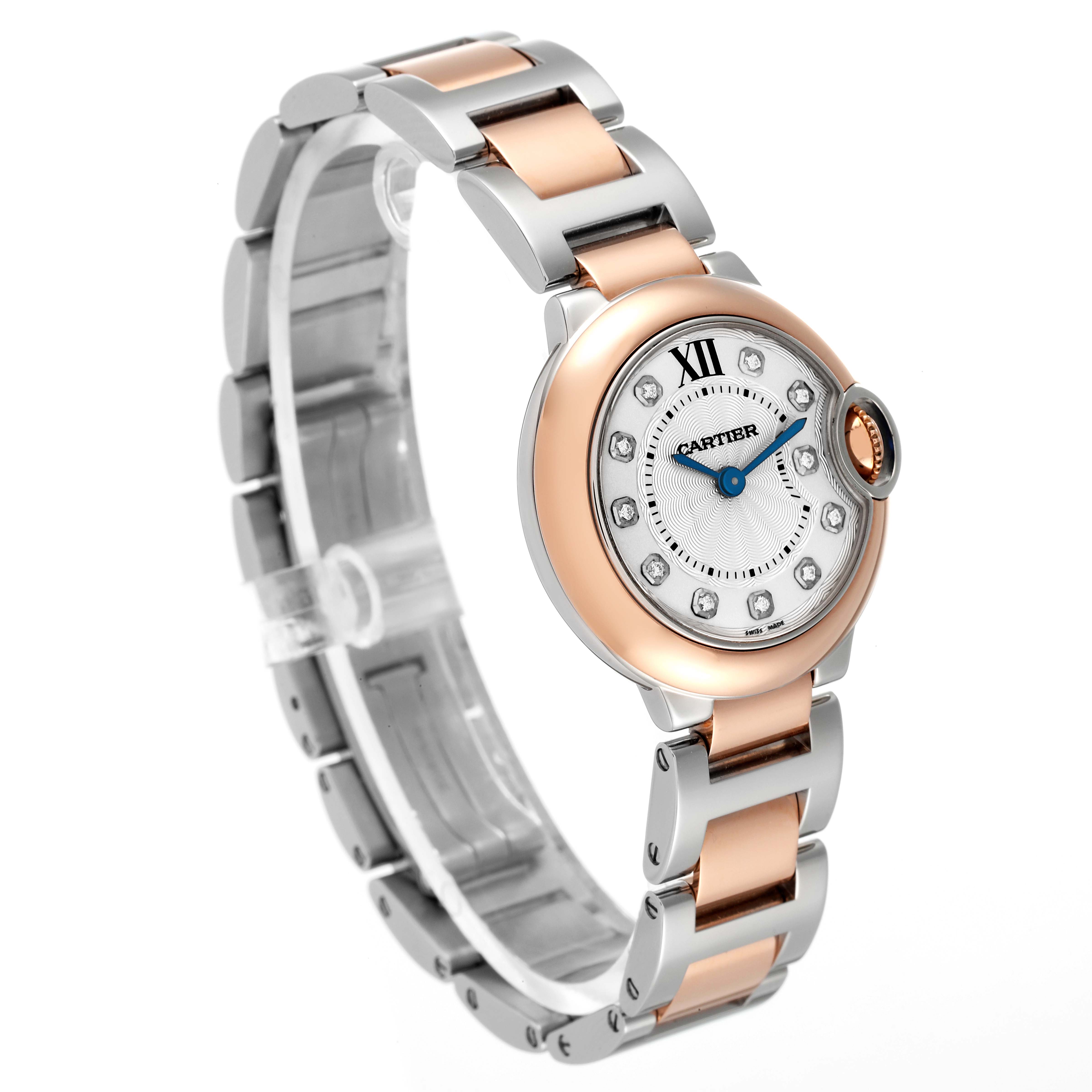 The image shows a side view of the Cartier Ballon Bleu W3BB0005 Women's Steel and Gold (two tone) Silver Dial W3BB0005 Women's Steel and Gold (two tone) Silver Dial watch, highlighting its rose gold and silver bracelet and round case.