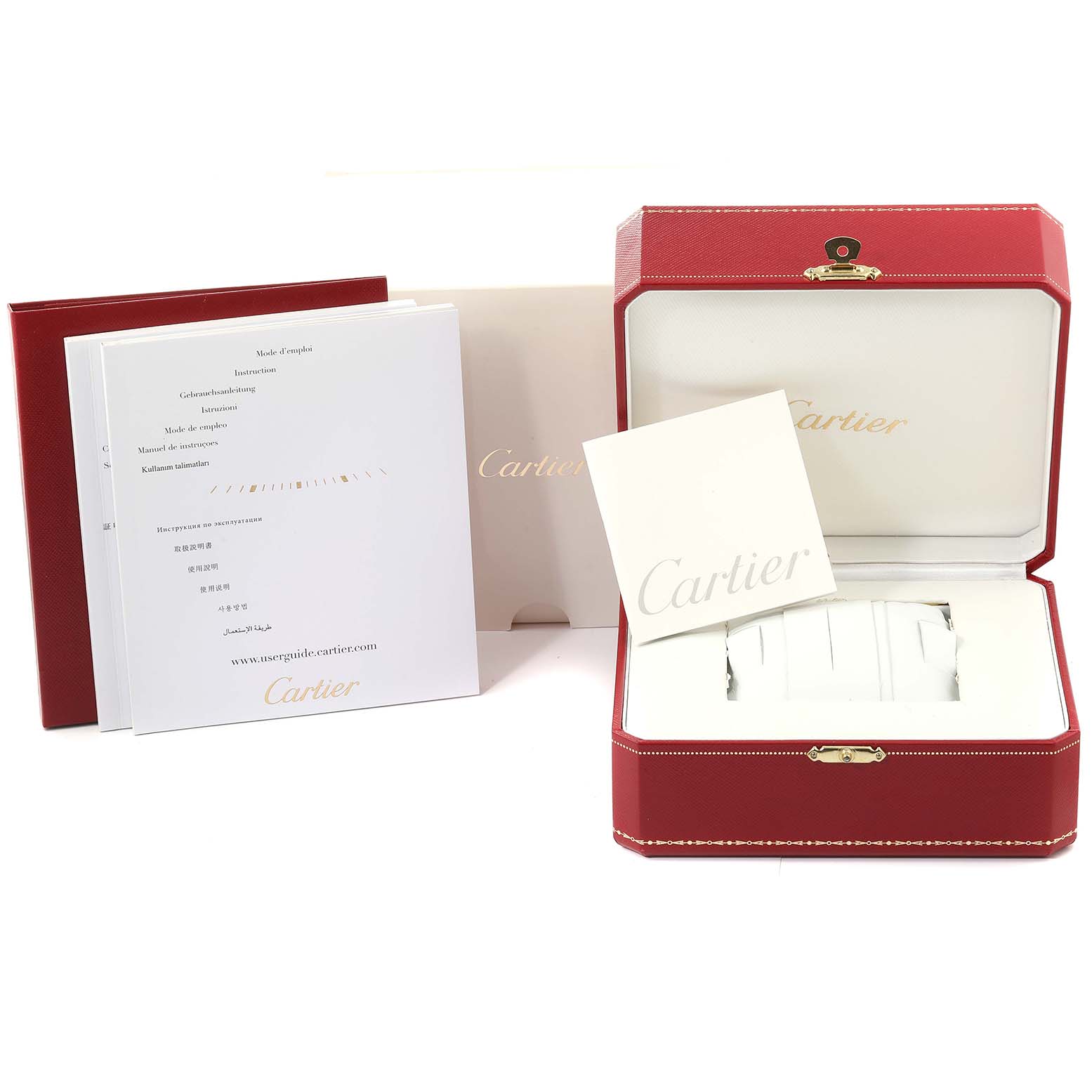 The image shows the packaging and papers of a Ballon Bleu model by Cartier, including a red watch box and instruction manuals.