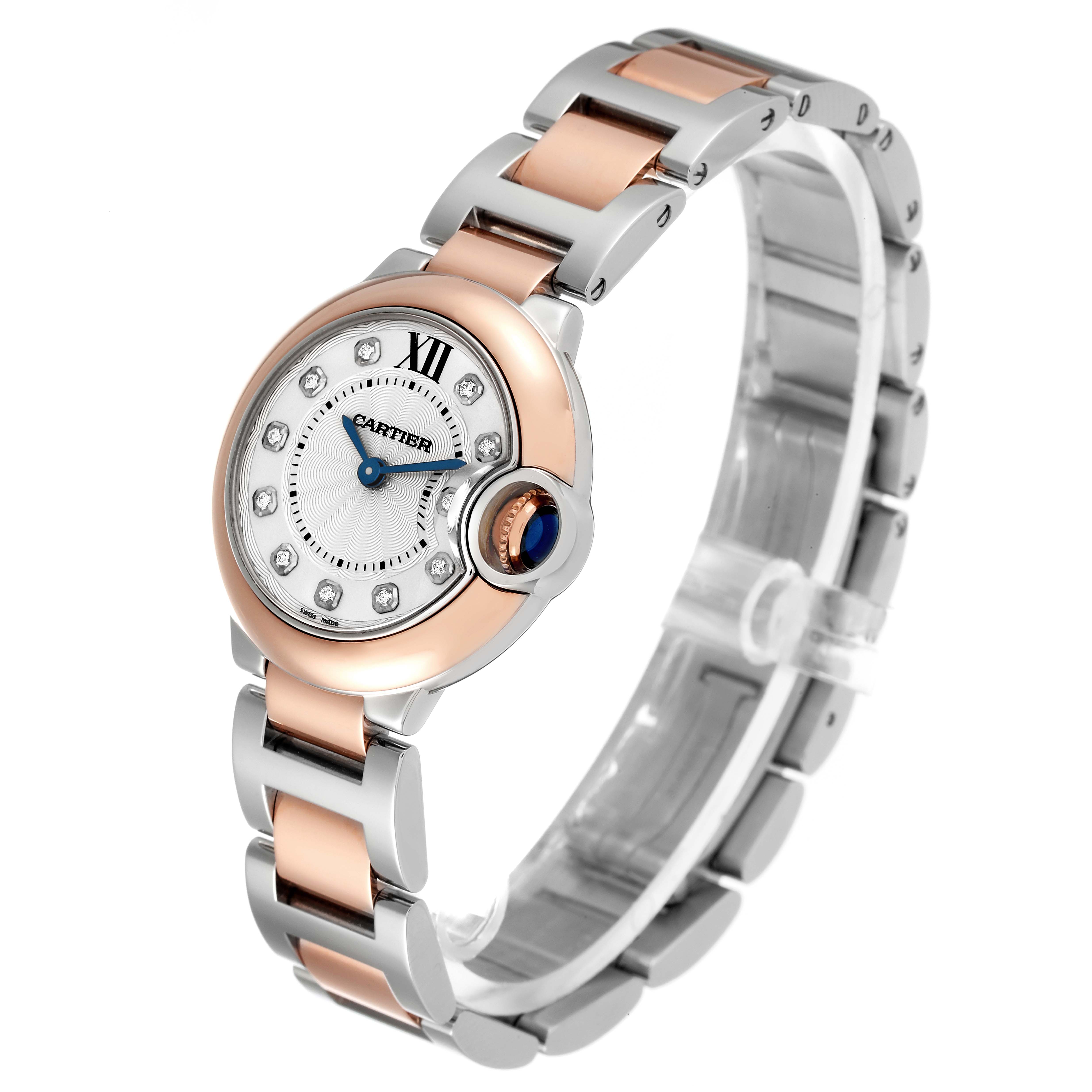 The image displays a side angle of the Ballon Bleu de Cartier watch, showcasing its face, bracelet, and crown.