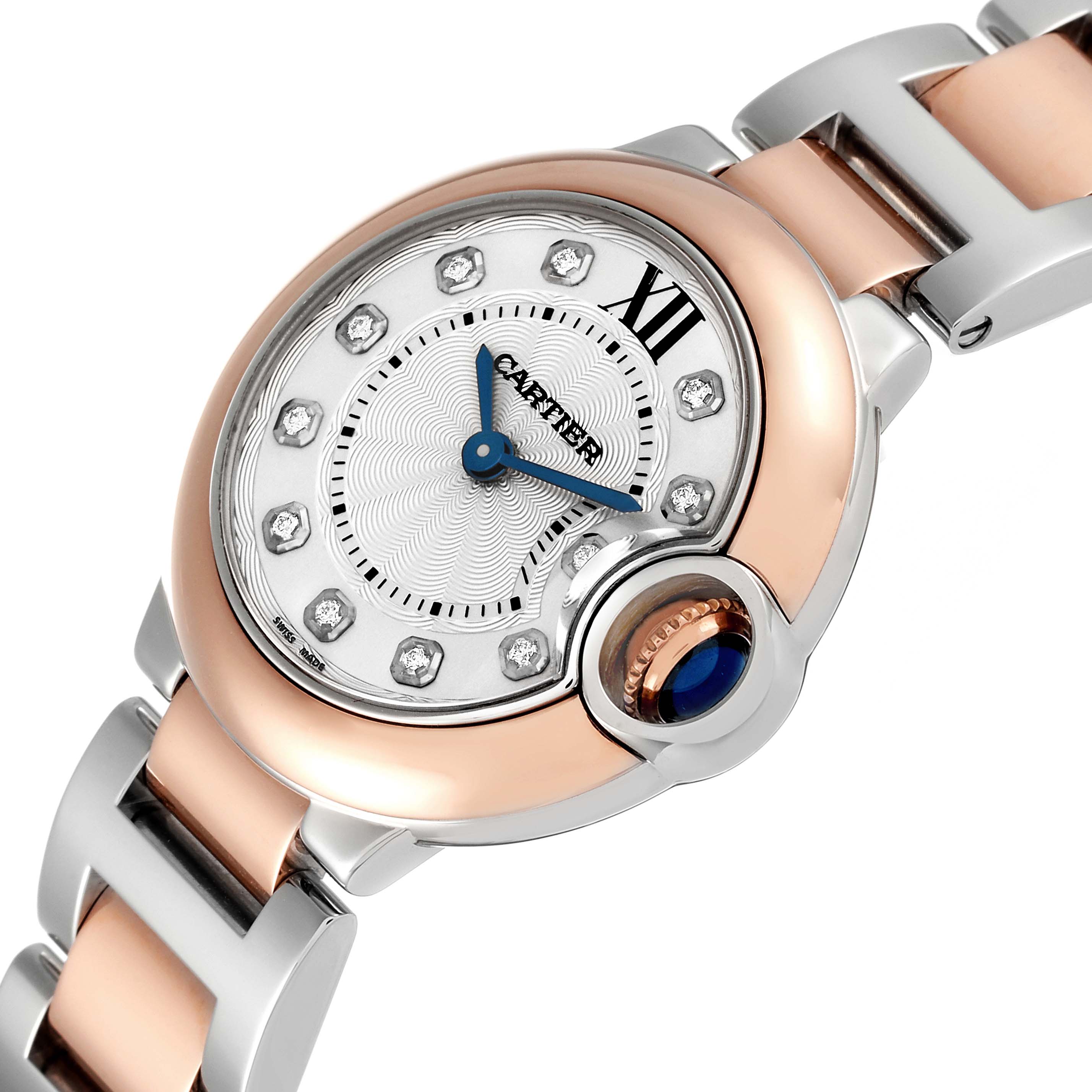 The image shows a close-up angled view of the face and part of the strap of the Cartier Ballon Bleu W3BB0005 Women's Steel and Gold (two tone) Silver Dial W3BB0005 Women's Steel and Gold (two tone) Silver Dial watch.