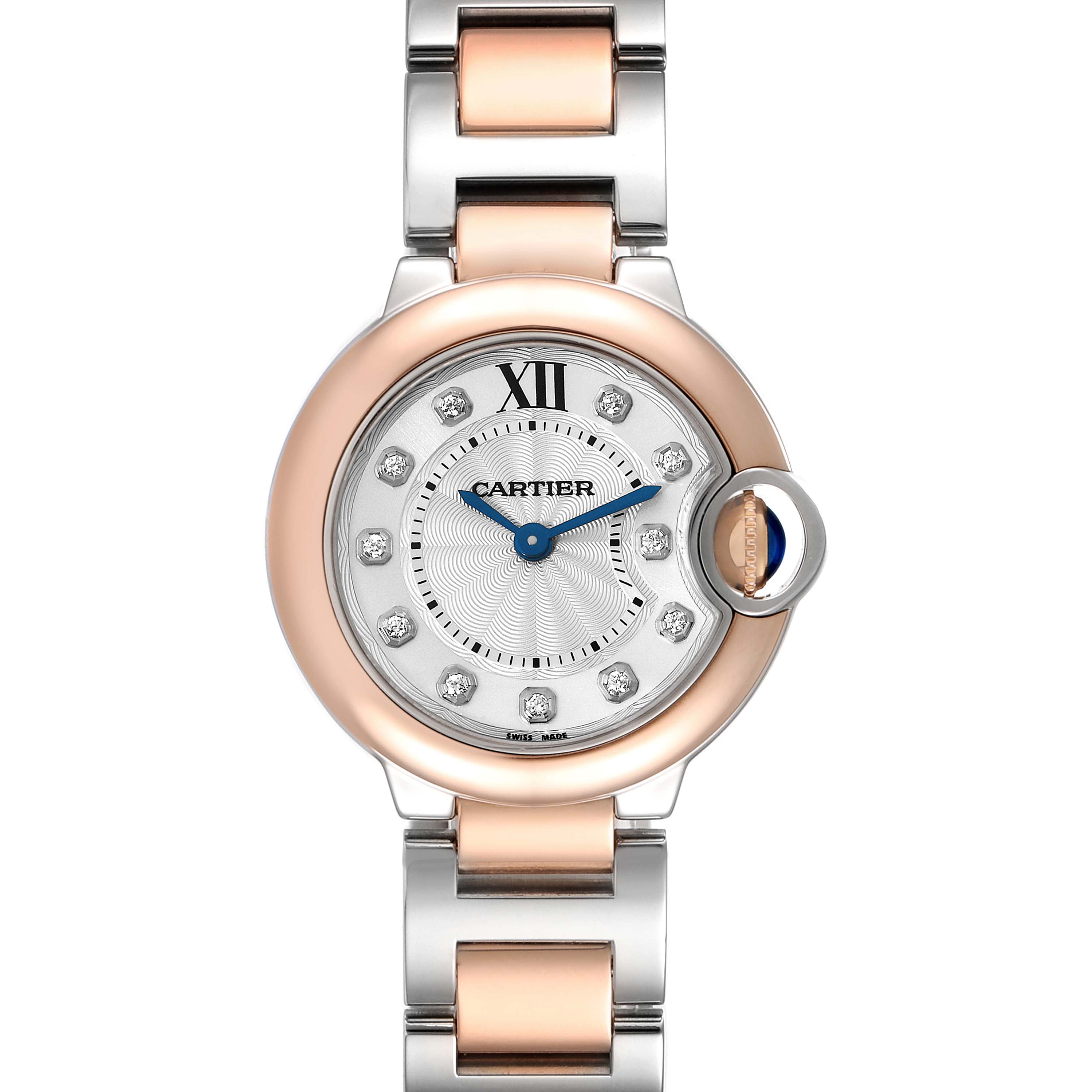 This image shows a front view of the Ballon Bleu watch by Cartier, highlighting the dial, hands, and bracelet.